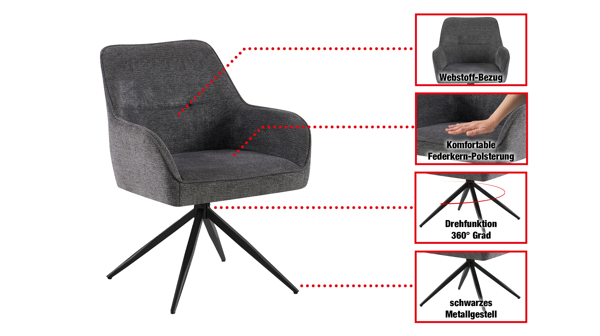 Armlehnstuhl anthrazit Webstoff  Drehstuhl Taschenfederkern - JETTE