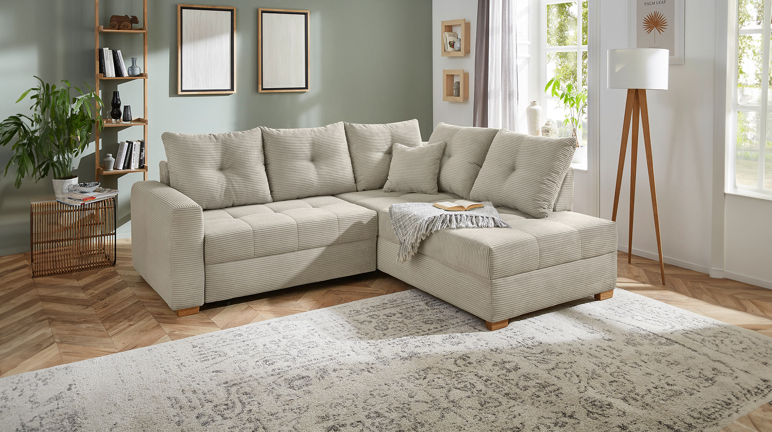 Ecksofa Cord grau - Schlaffunktion Bettkasten 228 cm - HEIDELBERG