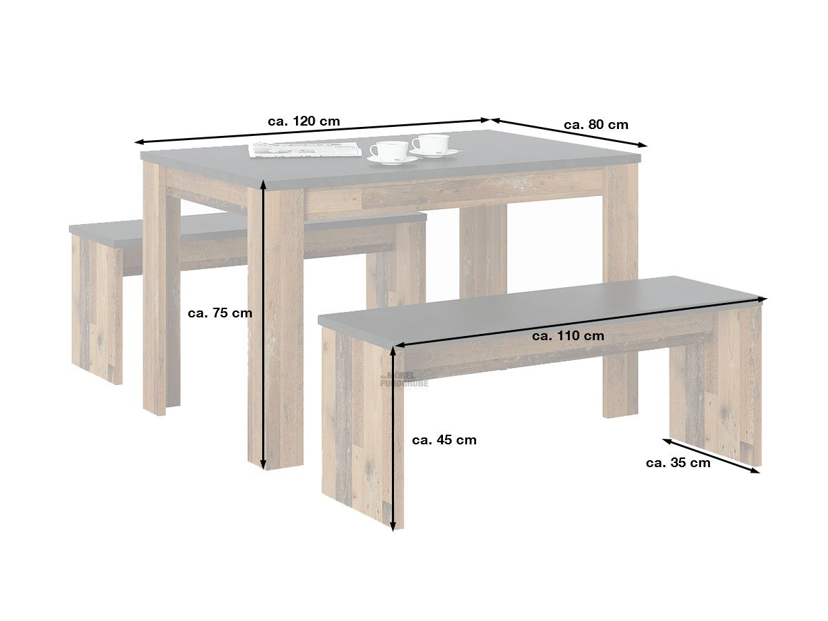 Tischgruppe 3-teilig Old Style - grau Tisch 120 cm - LILLE