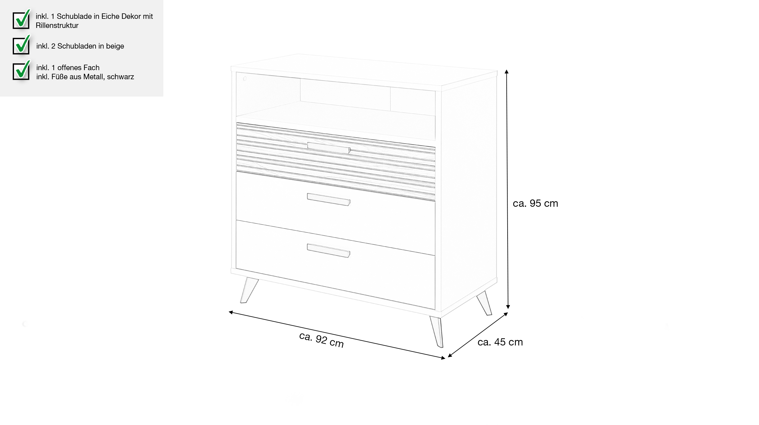 Kommode mit 3 Schubladen Eiche - beige - 92 x 45 cm - BRAVO