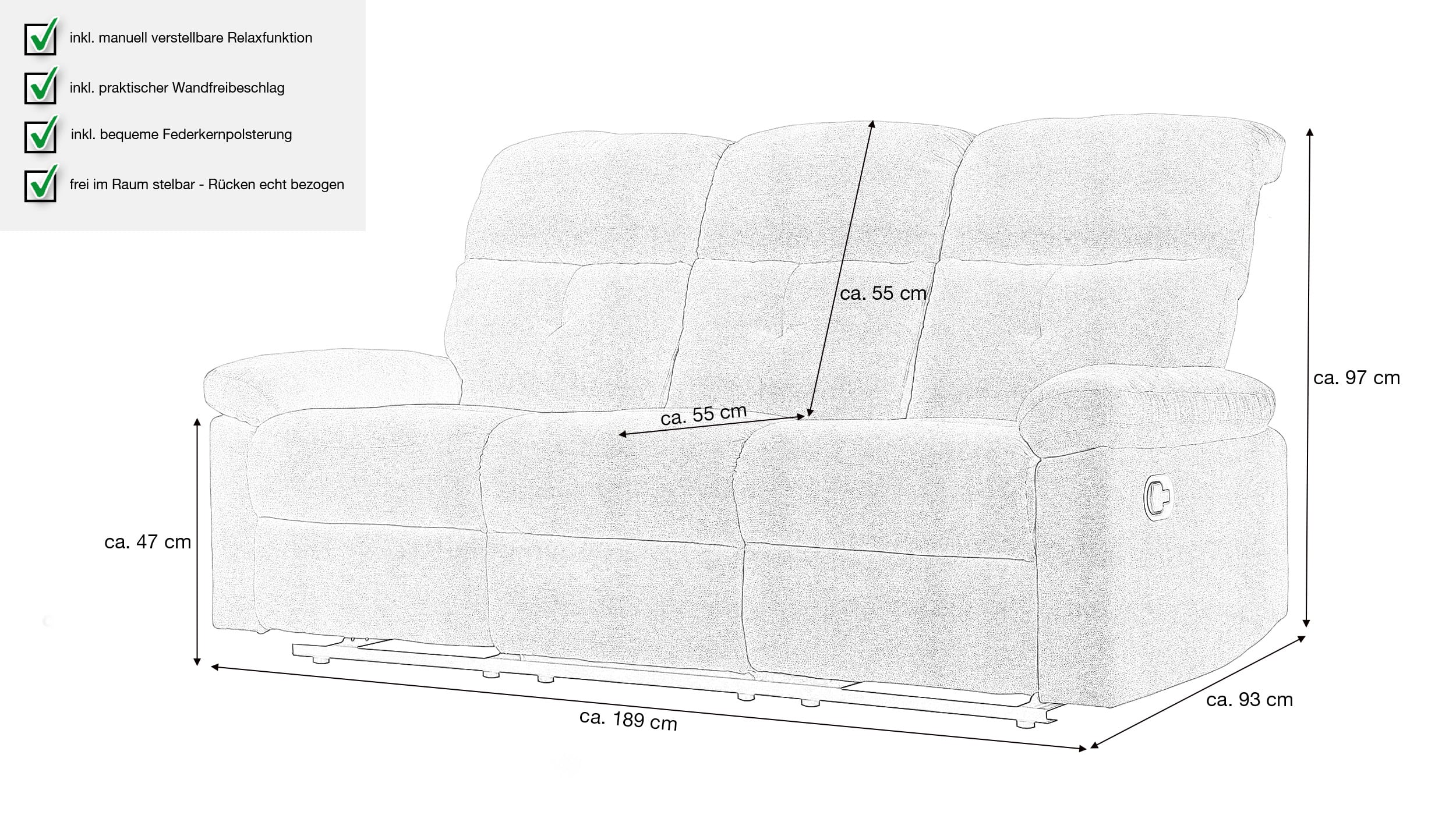 Einzelsofa Microfaser grau 189 cm - Relaxfunktion - RIVERA 