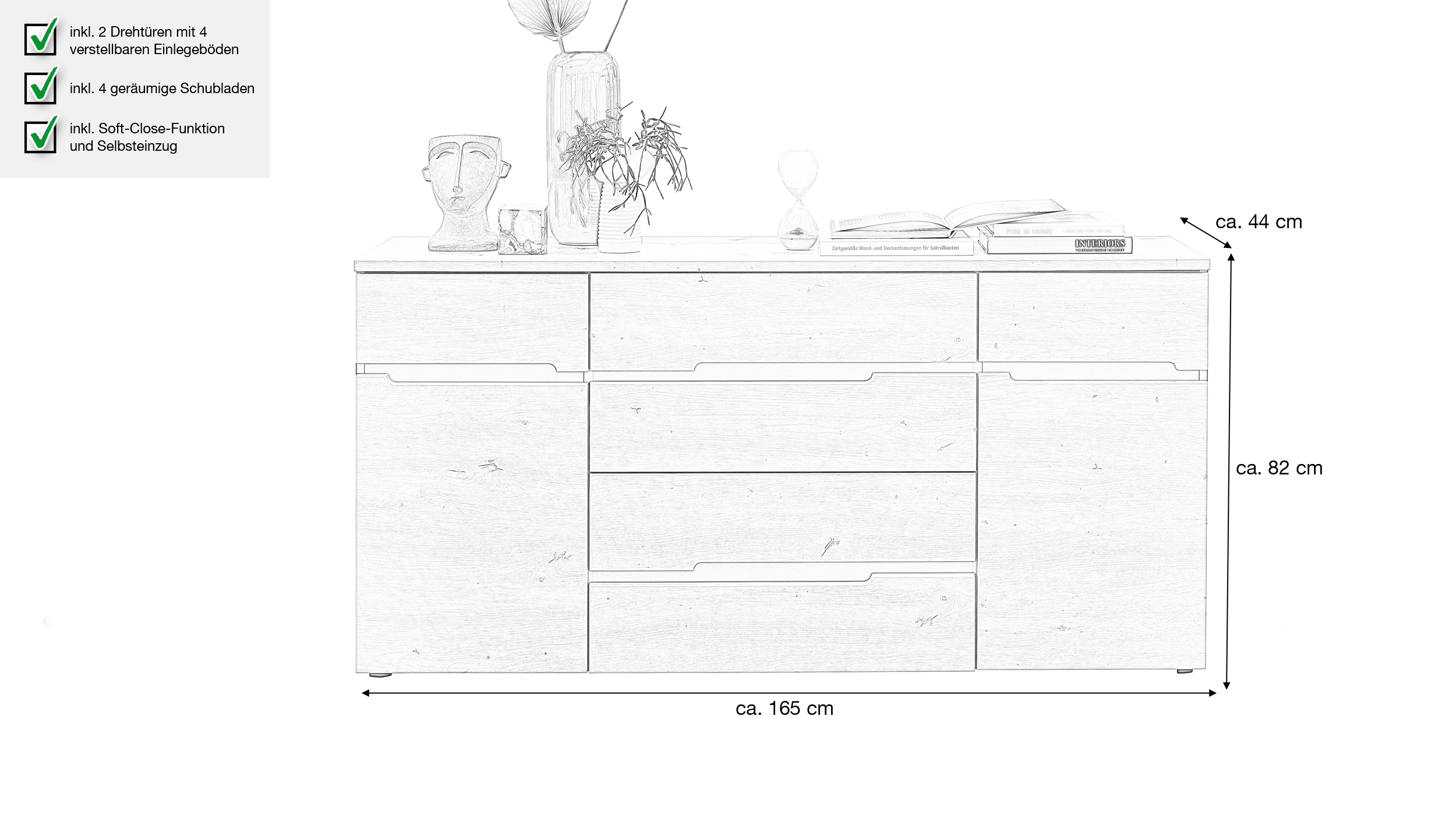 Sideboard mit 4 Schubladen Artisan Eiche - graphit 165 cm - MEMPHIS 