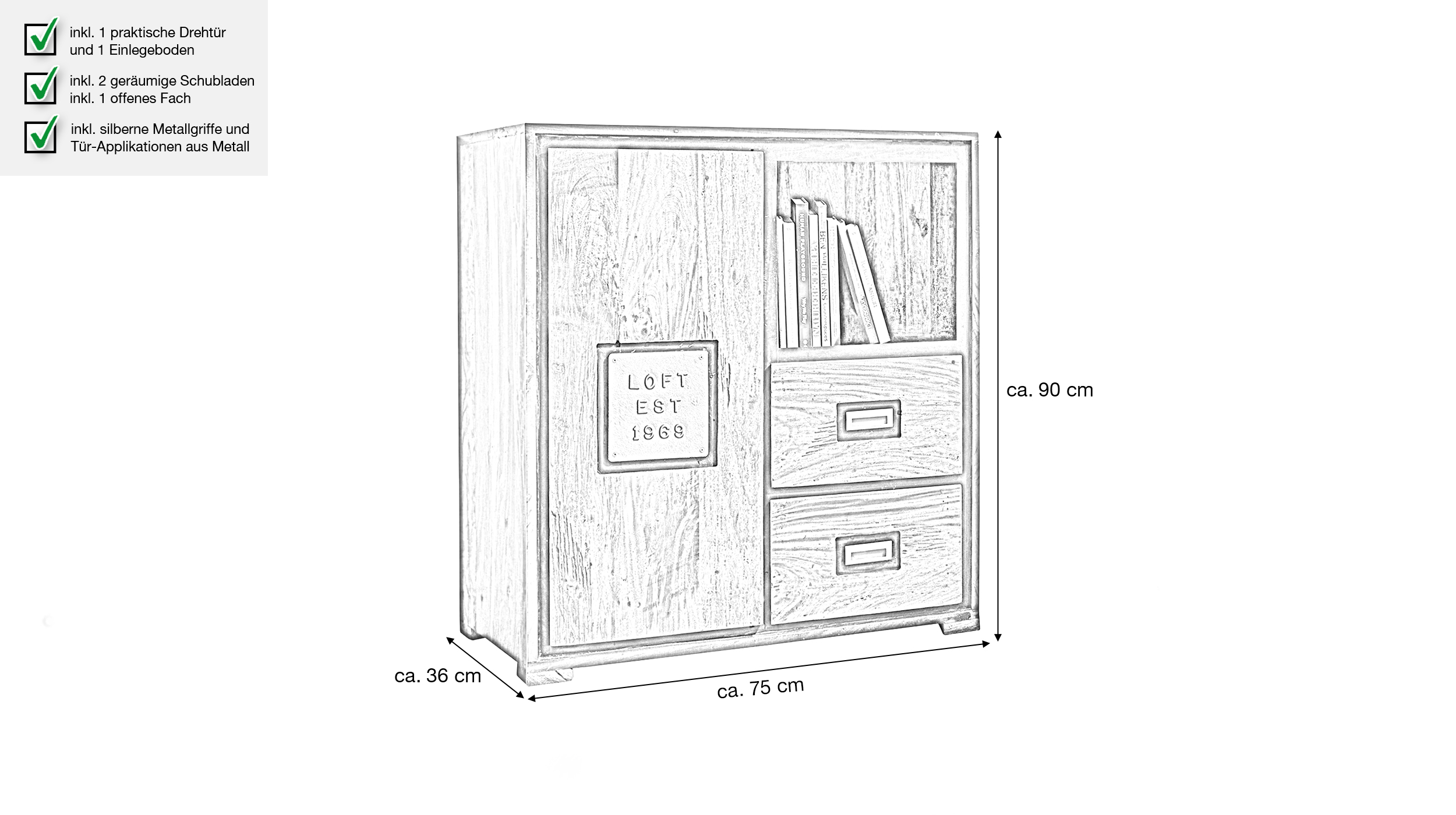 Highboard Akazie Altholz massiv montiert - 75 cm - NARVIK