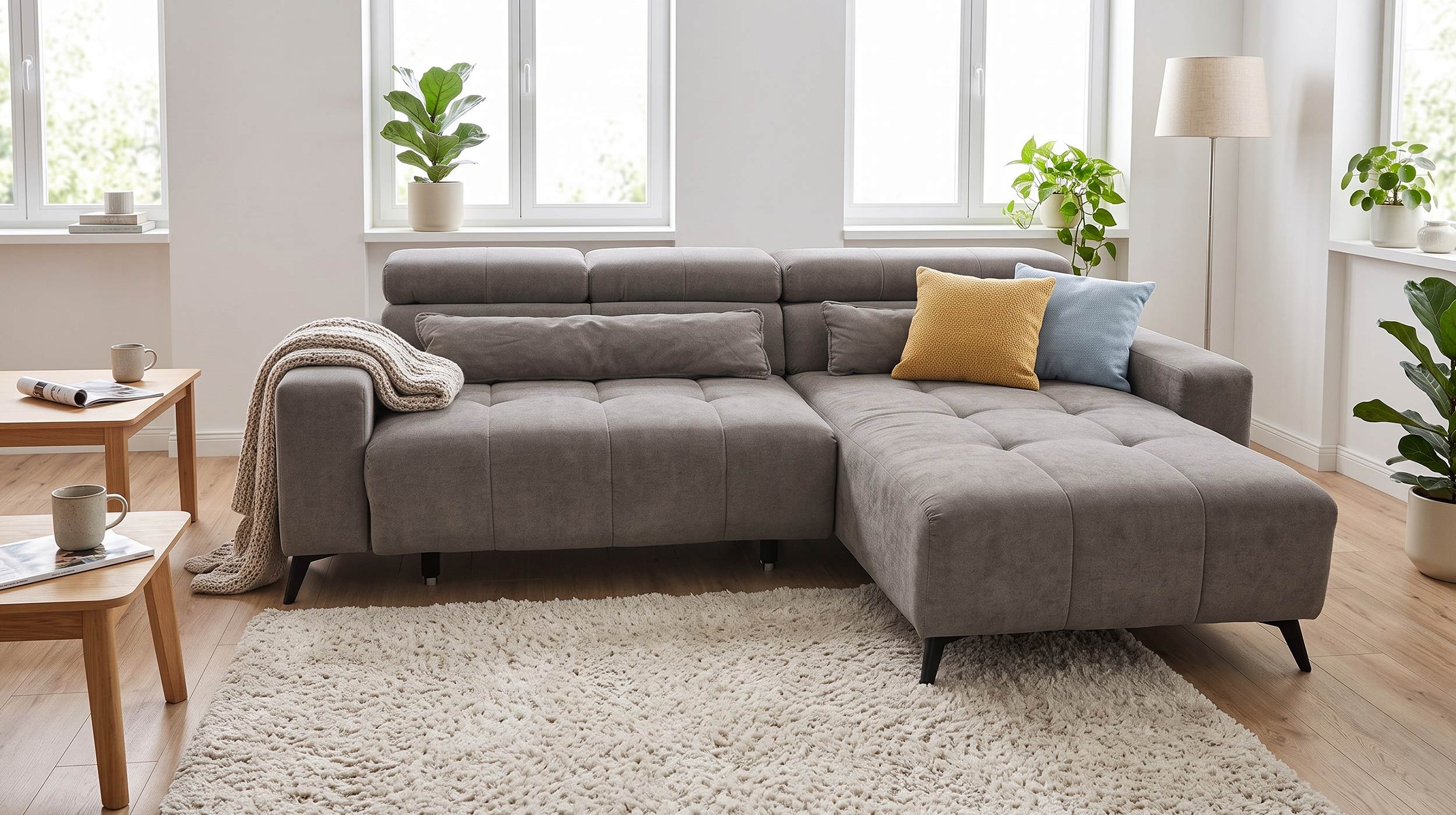 Ecksofa grau 267 cm mit XXL-Sitztiefenverstellung - OT rechts - BALI