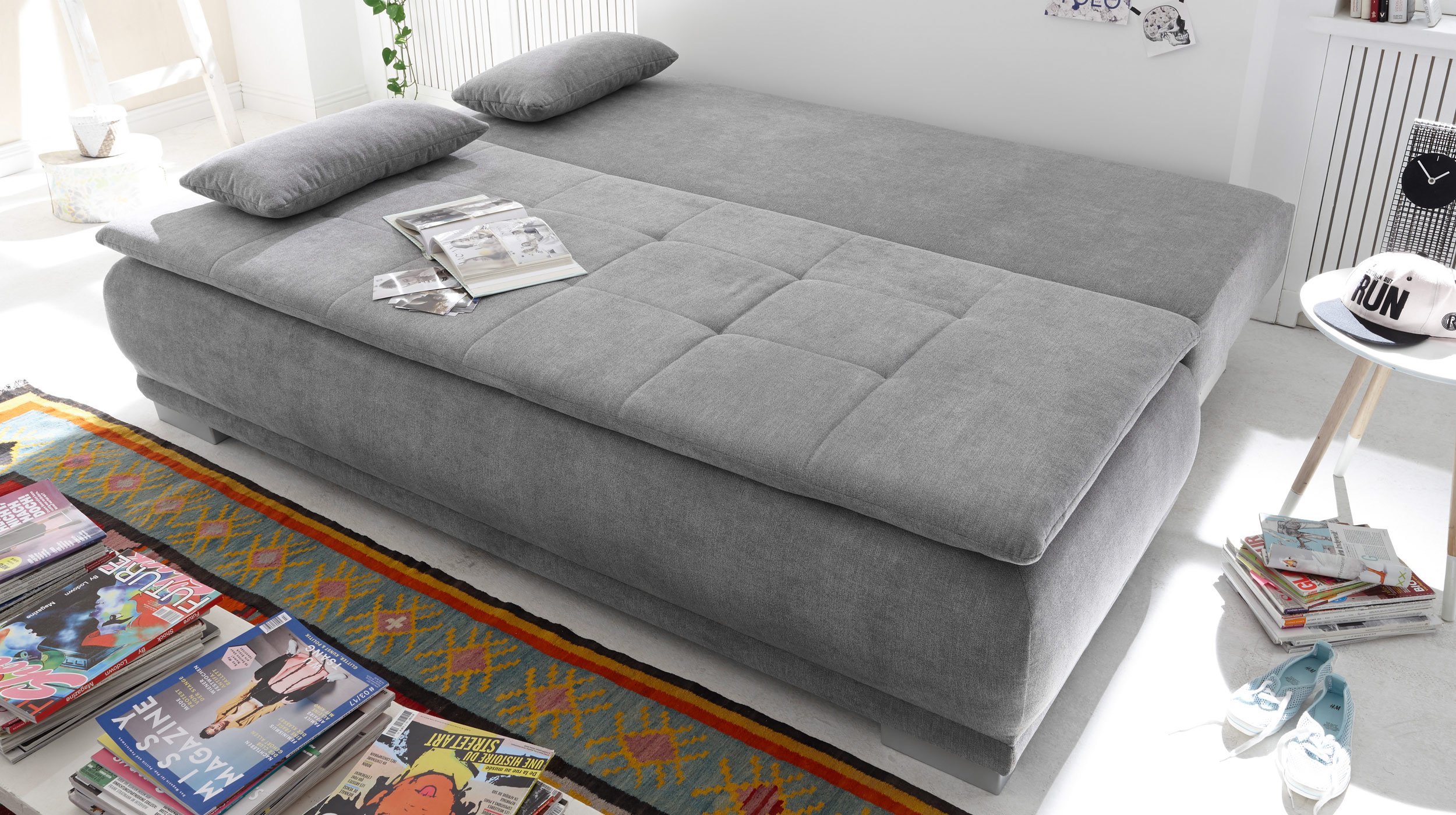 Schlafsofa grau mit Bettkasten Dauerschläfer Federkern 208 cm - LUIGI