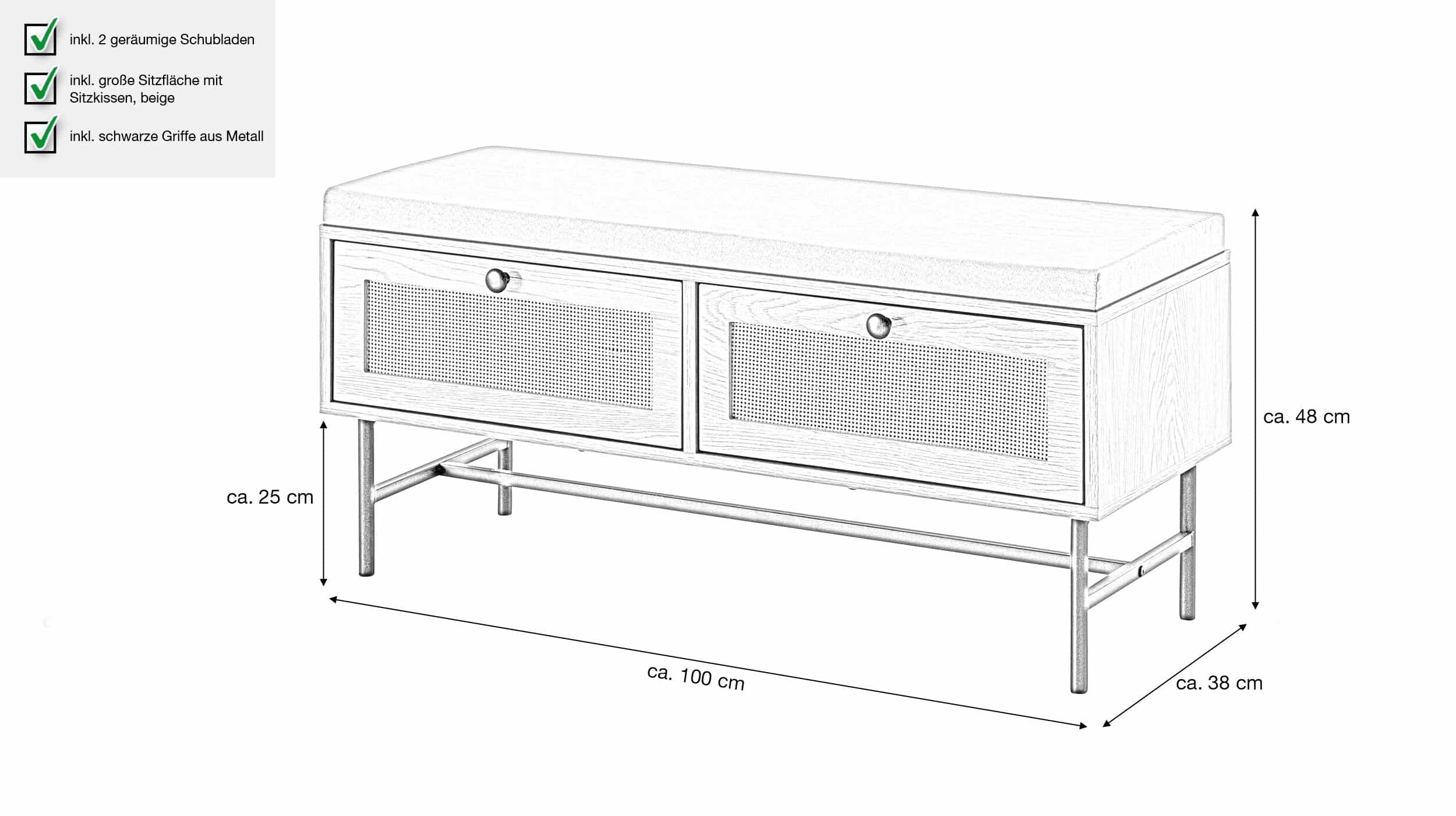 Garderobenbank Eiche Holzdekor - Rattan B 100 x H 48 cm - RATVAN