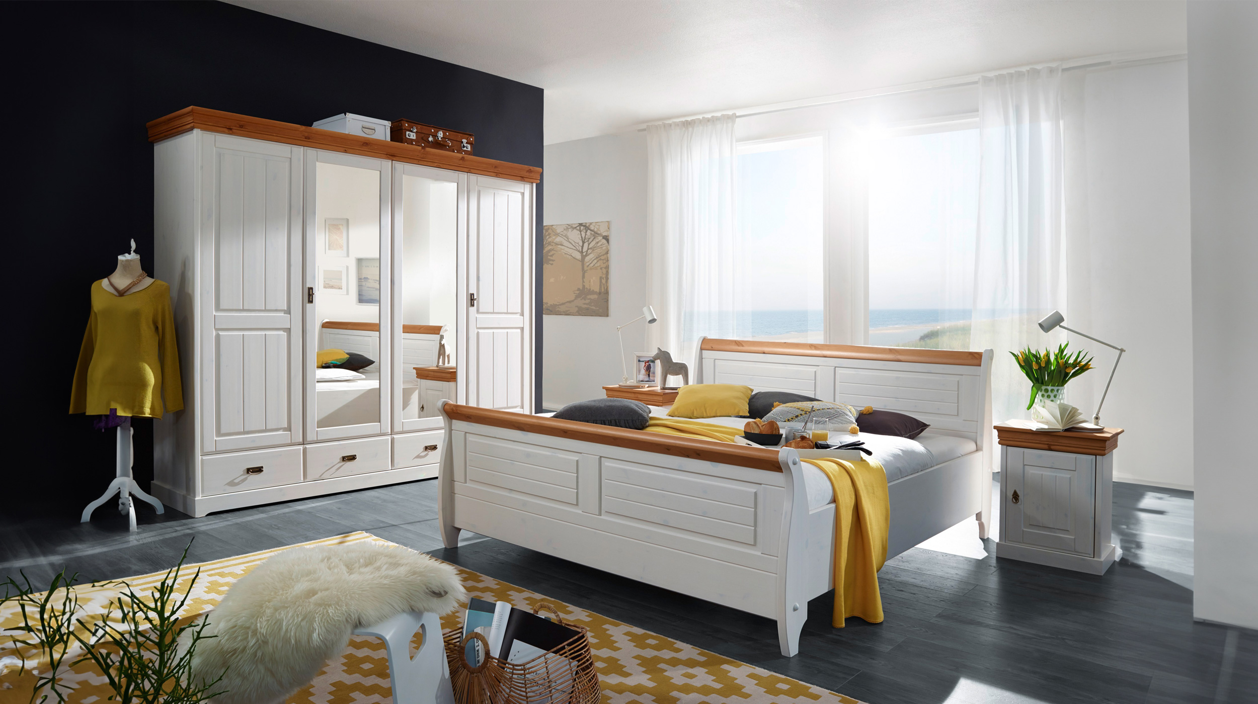 Kleiderschrank Spiegel - Kiefer Massivholz weiß - 255 cm - MATILDA