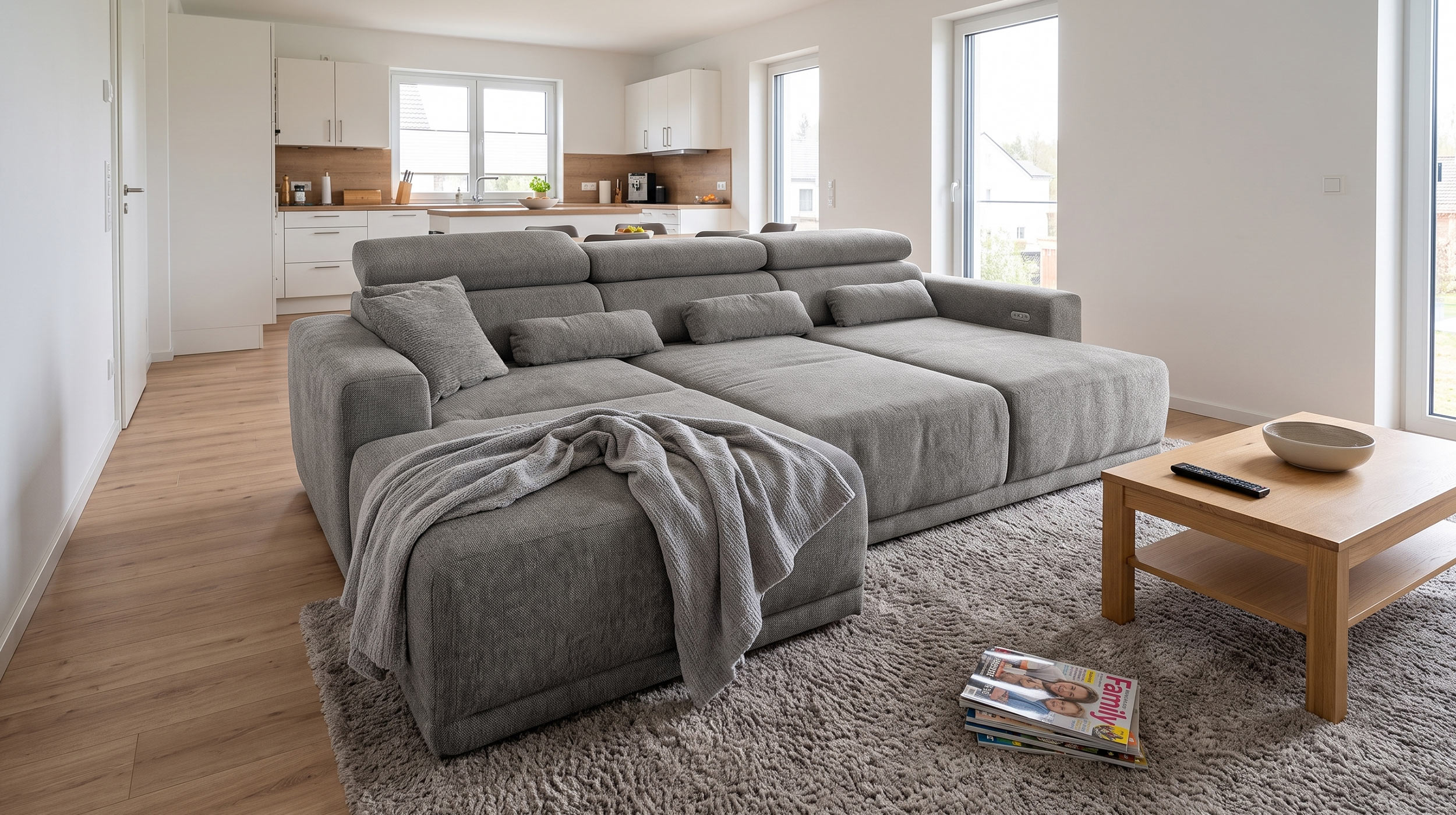 Ecksofa grau elektrisch ausfahrbar 285 cm - OT links - CASSIO 