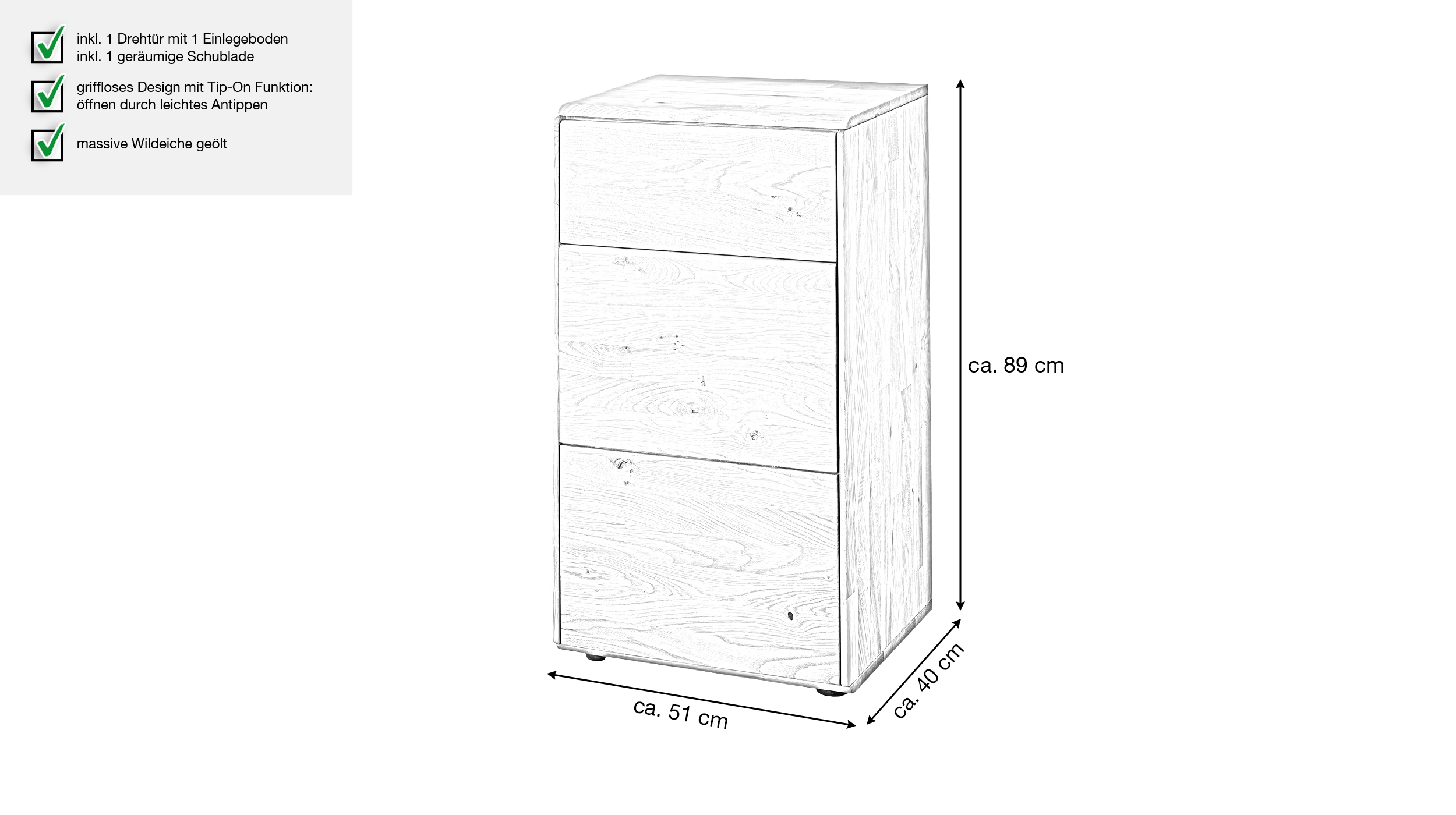Kommode mit Schublade Wildeiche massiv geölt 51 cm - SKOV
