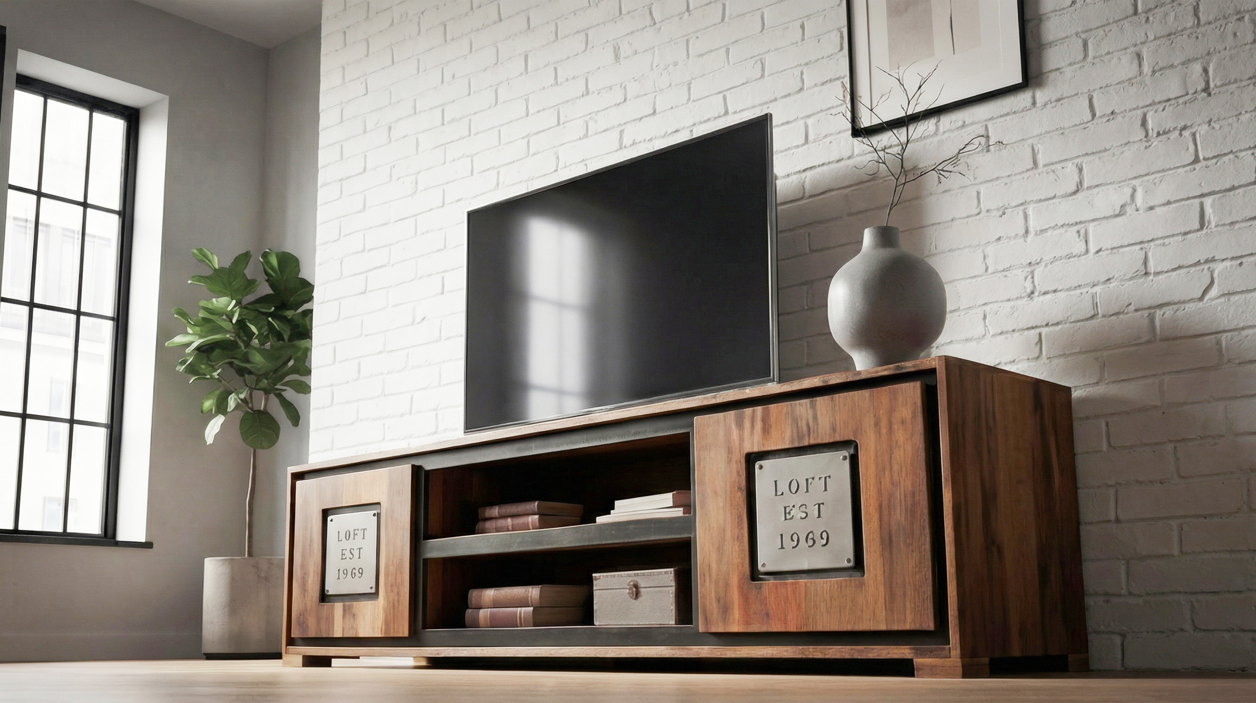 TV - Lowboard Akazie Altholz massiv montiert - 180 cm - NARVIK