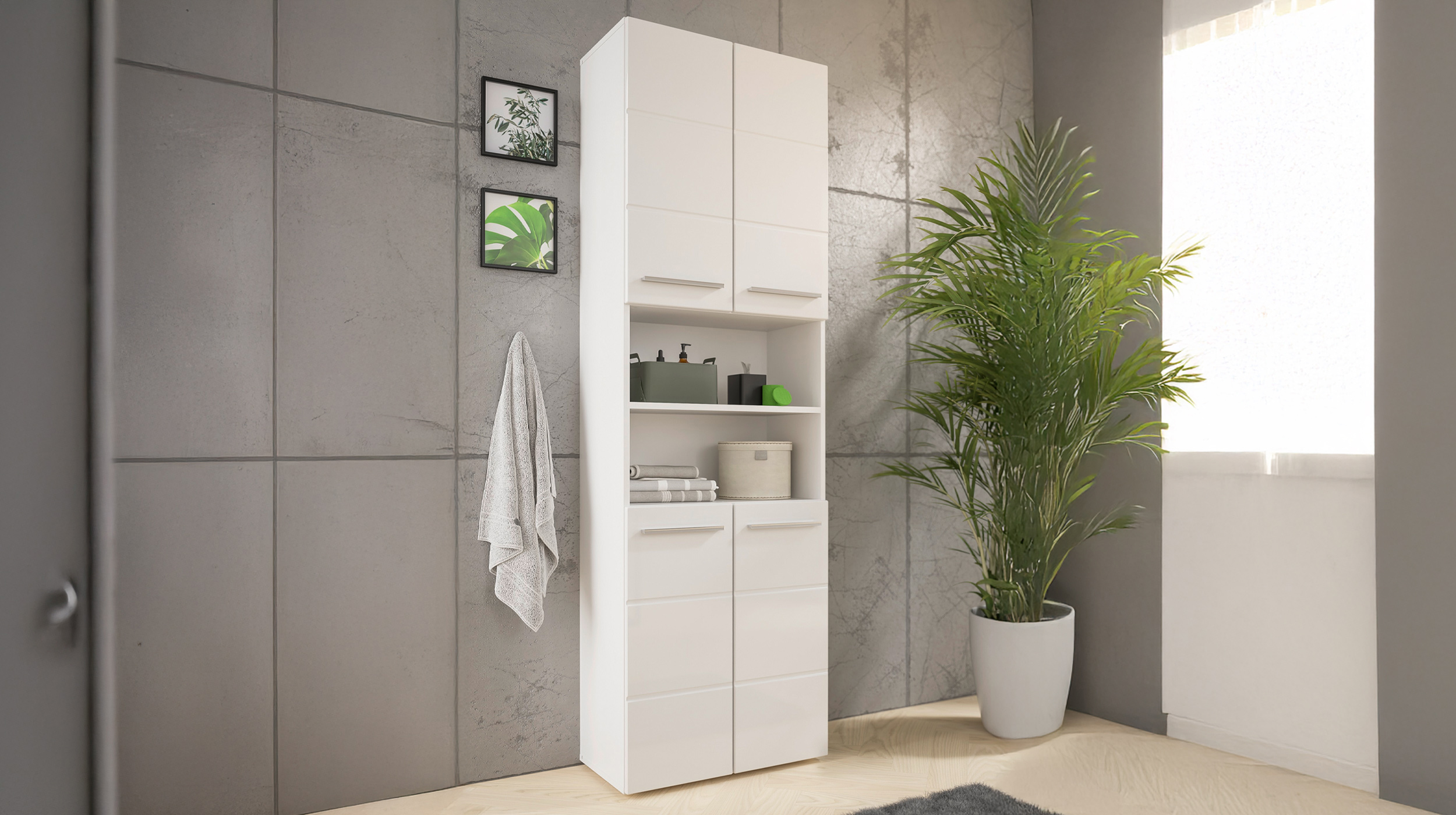 Bad Hochschrank weiß hochglanz 4 Türen Breite 60 cm - MANDY