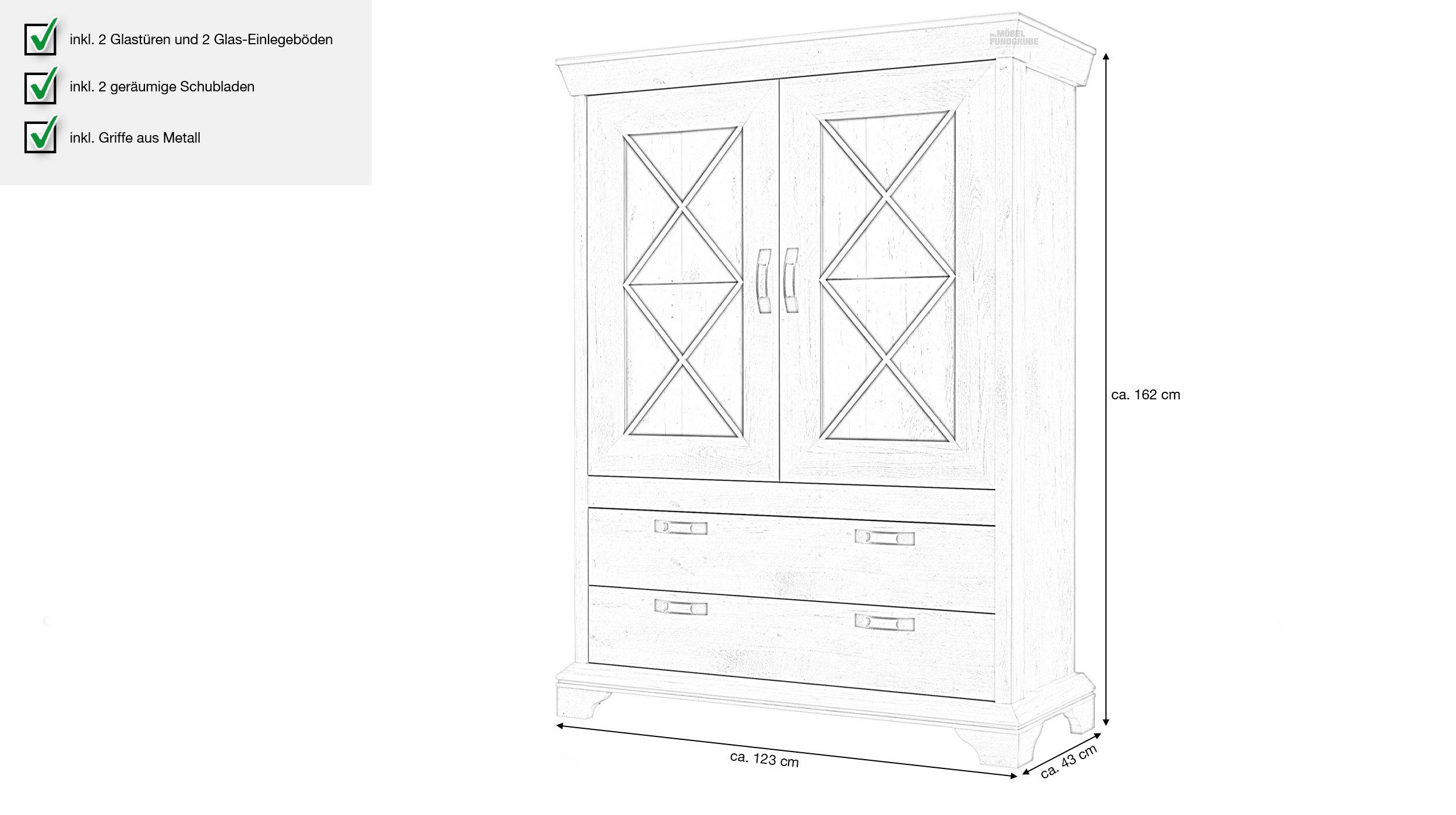 Vitrine mit 2 Glastüren Pinie weiß Breite 123 cm - KASHMIR