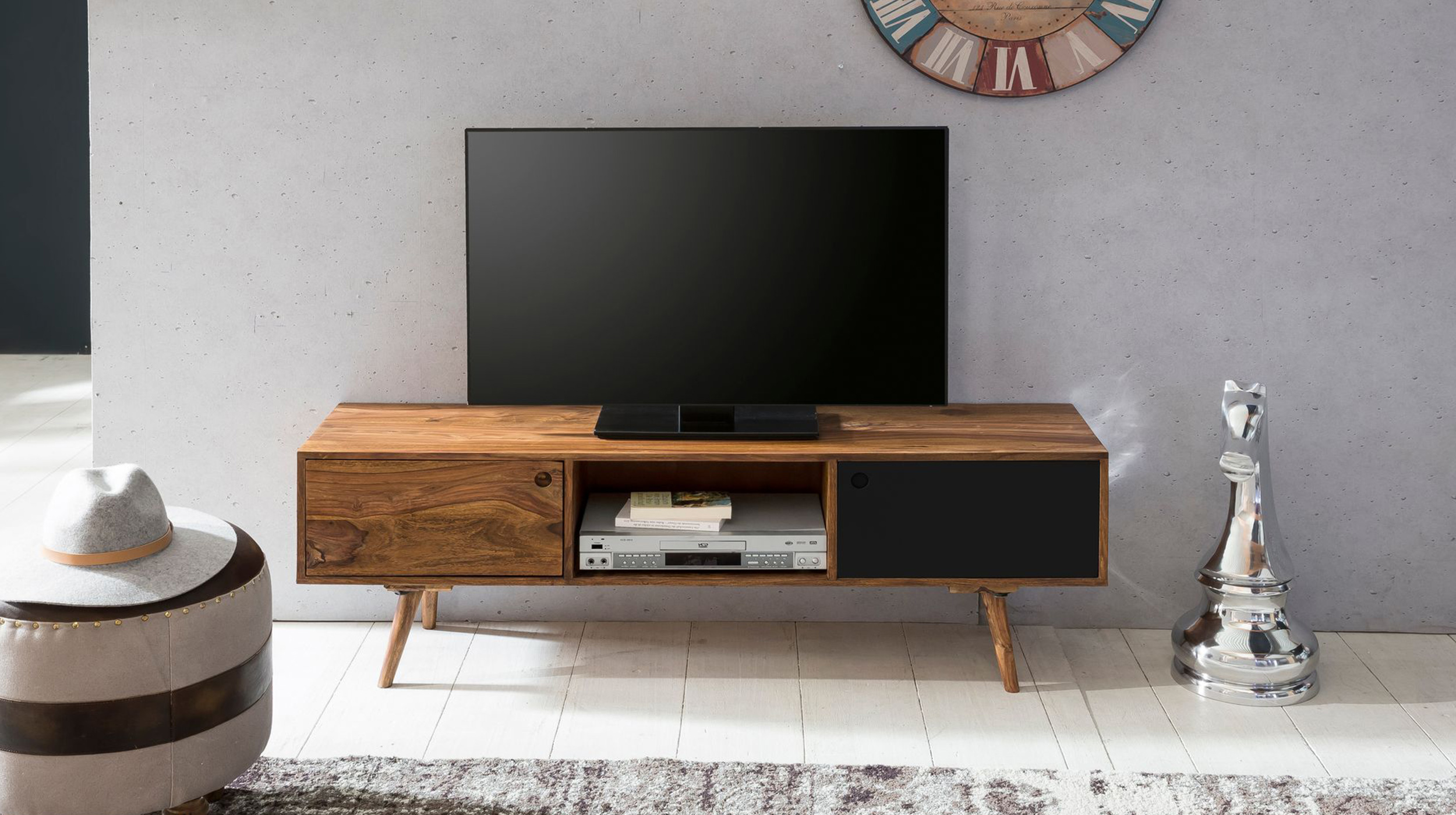 TV-Lowboard Sheesham massiv gebeizt 140 cm - RAKEL 