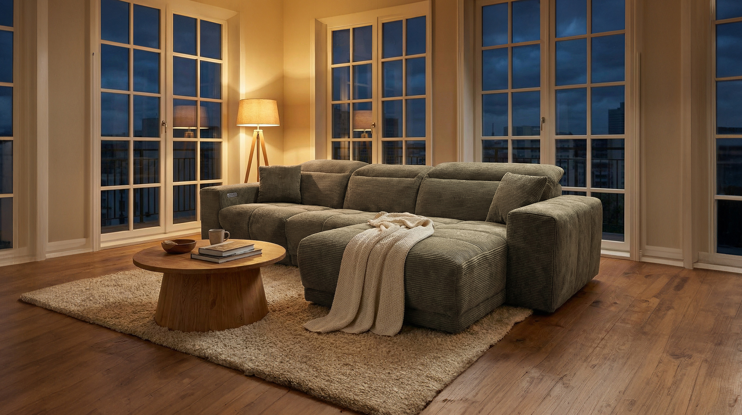 Ecksofa Cord grün 302 x 167 cm mit Relaxfunktion - OT rechts - TONI