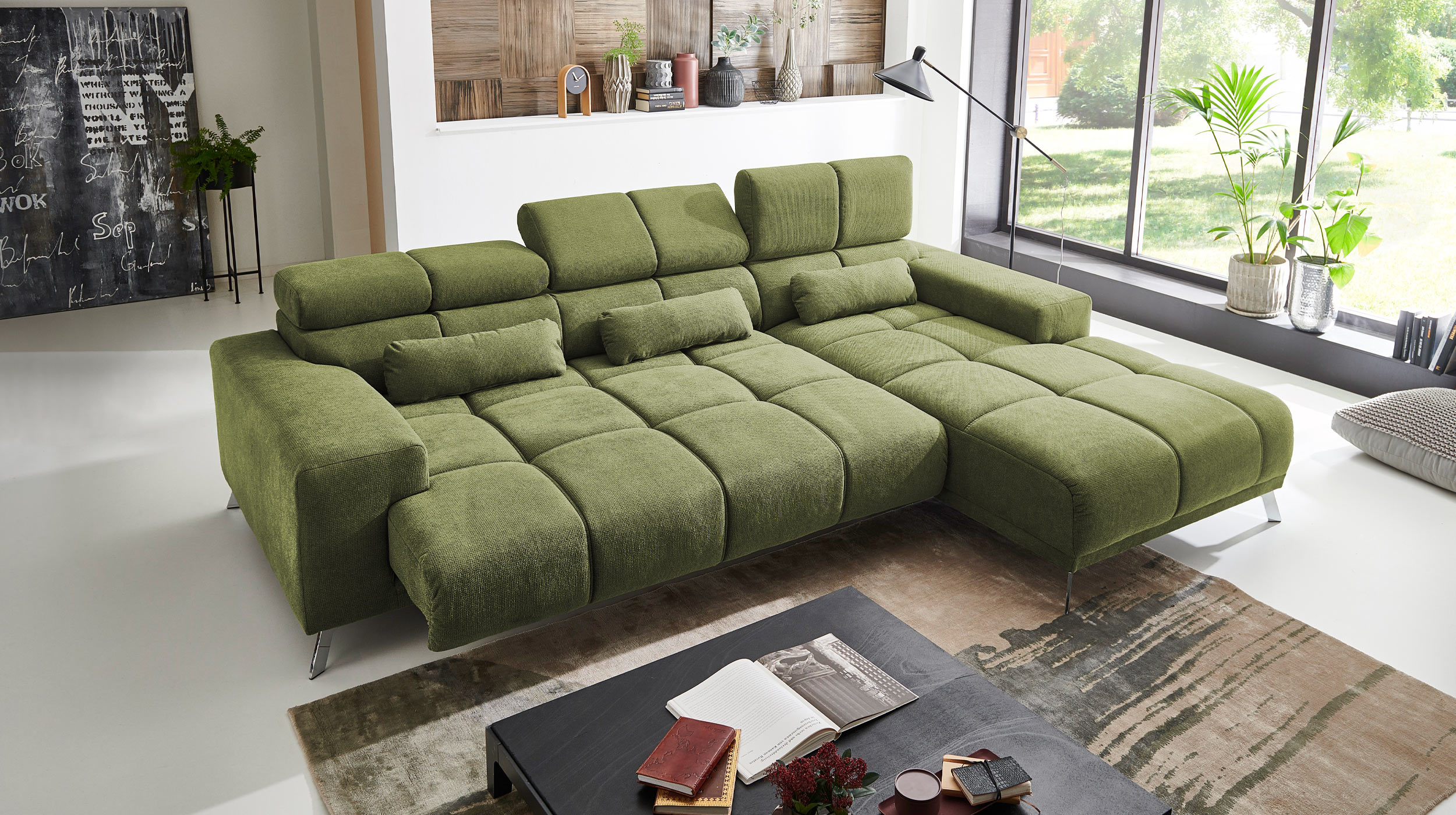 Ecksofa grün ausziehbar - Sitztiefenverstellung 285 cm - OT rechts - SPEED