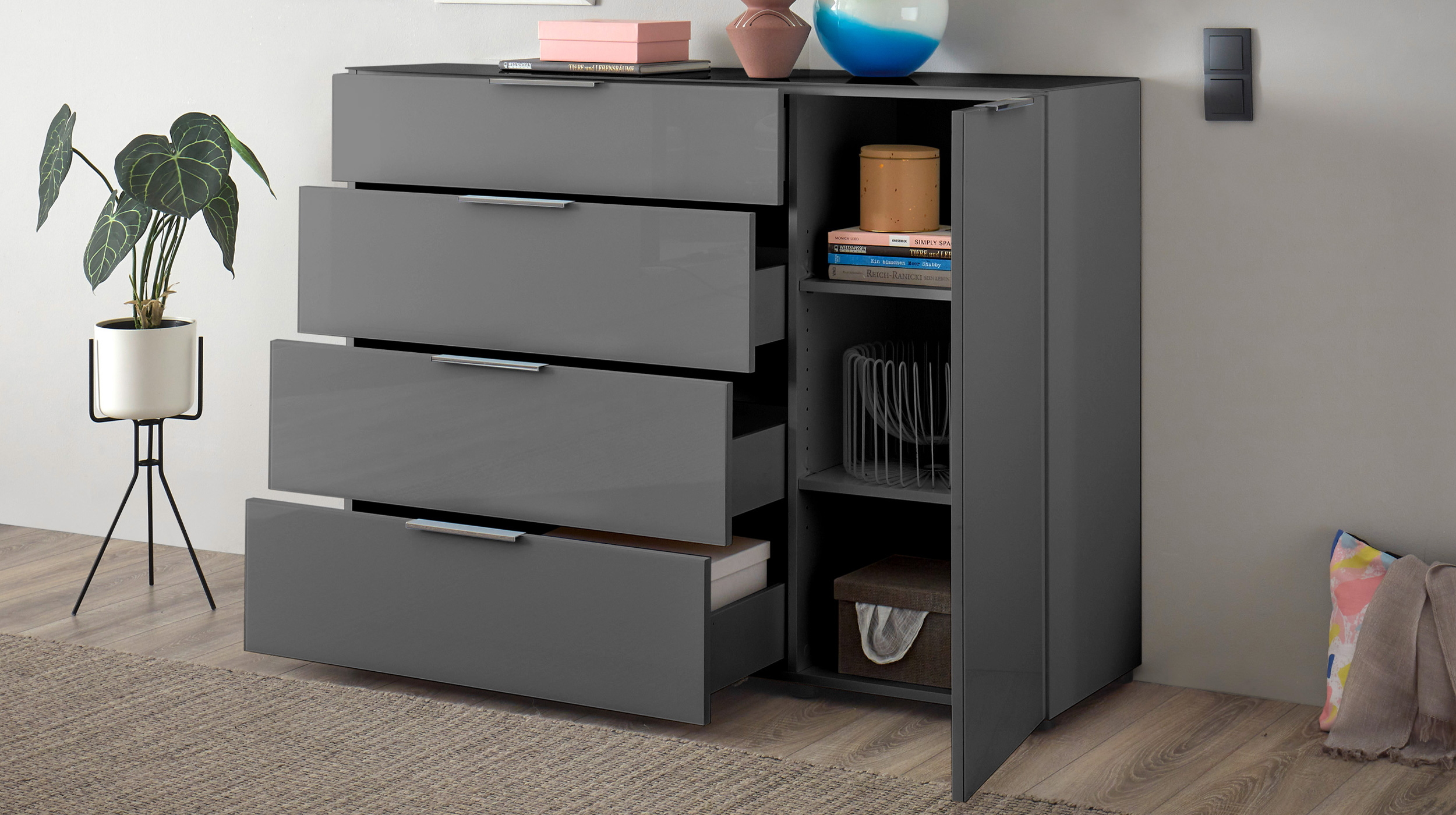 Kommode 4 Schubladen - anthrazit - Glasfront - 135 cm - SANTORIN