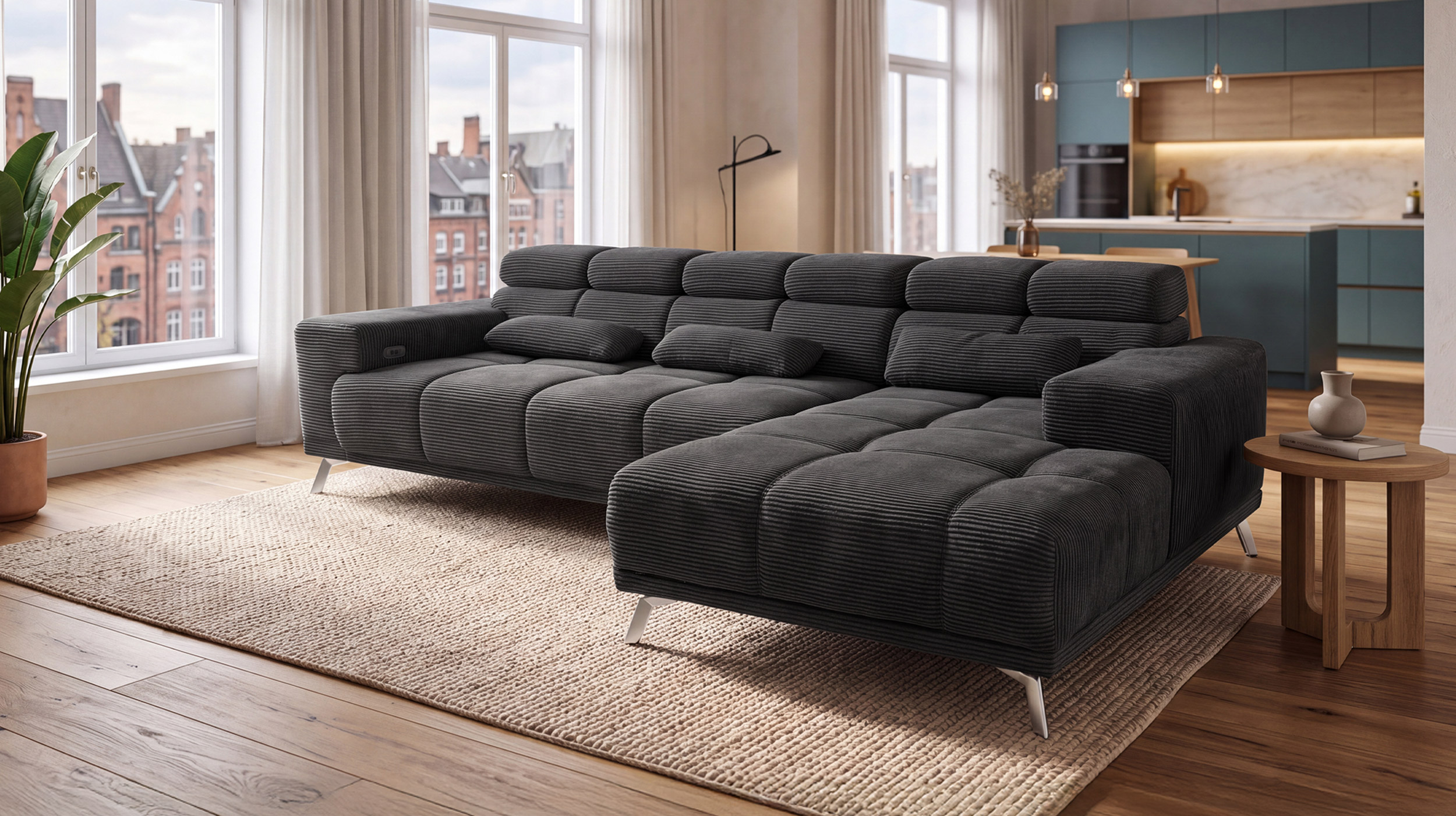 Ecksofa Cord grau elektrisch ausfahrbar 285 cm - OT rechts - SPEED