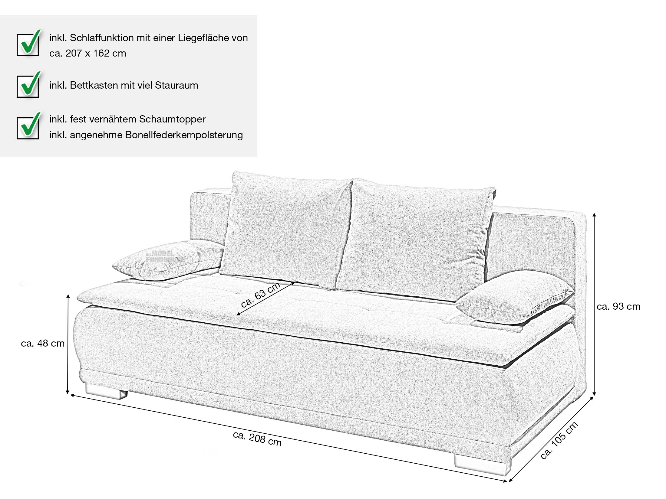 Schlafsofa grau mit Bettkasten Dauerschläfer Federkern 208 cm - LUIGI