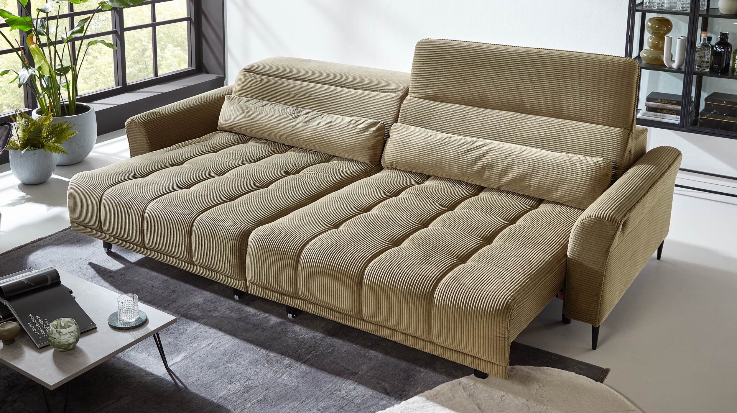 Big Sofa 280 cm grün Cordbezug Nosagfederung - LOGAN 