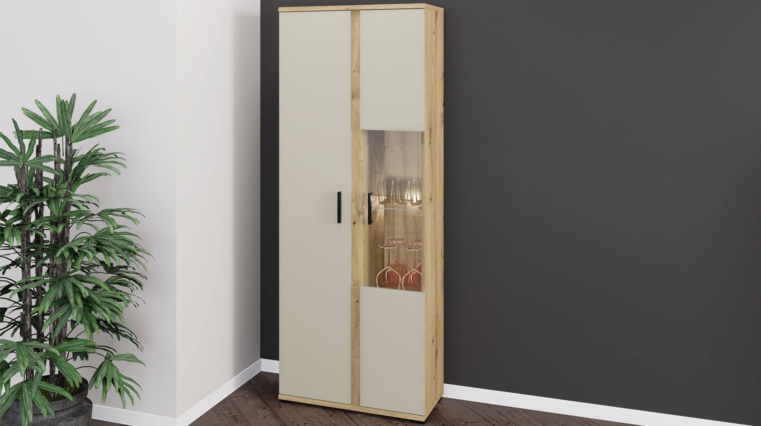 Vitrine mit Beleuchtung beige - Artisan Eiche 75 cm - KANADA