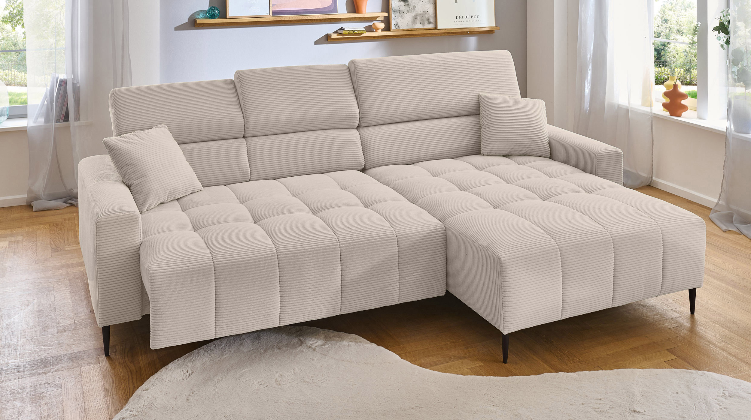 Ecksofa Cord beige ausziehbar - Sitztiefenverstellung 256 cm - OT rechts - SIMPLE Ecksofa Cord beige ausziehbar - Sitztiefenverstellung 256 cm - OT rechts - SIMPLE