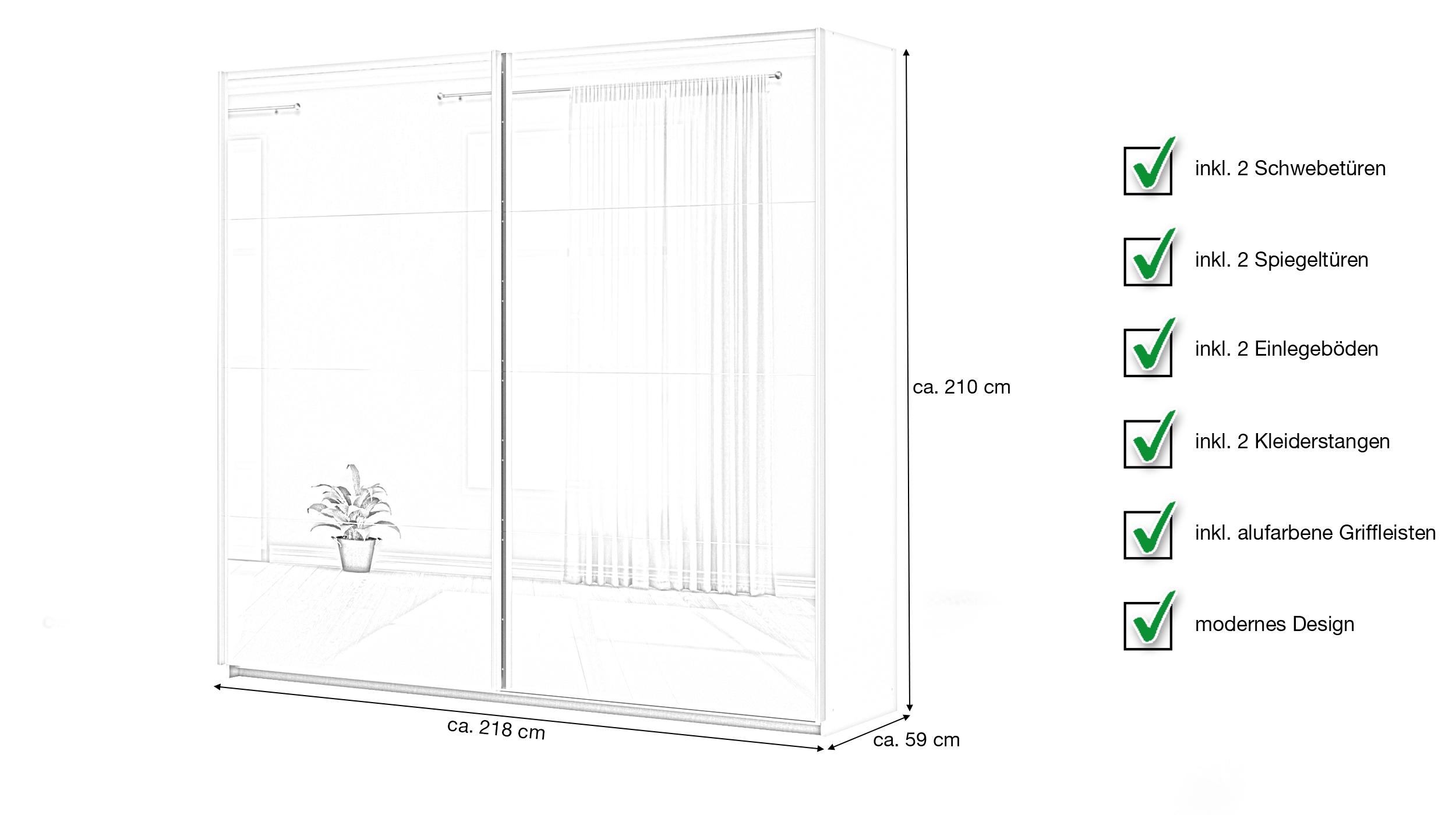 Schwebetürenschrank beige Spiegel 218 cm - 2-türig - rauch - VERO