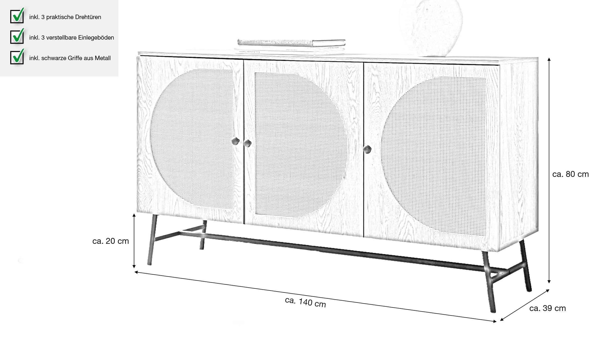 Sideboard Eiche Holzdekor - Rattan 140 cm - 3-türig - RATVAN