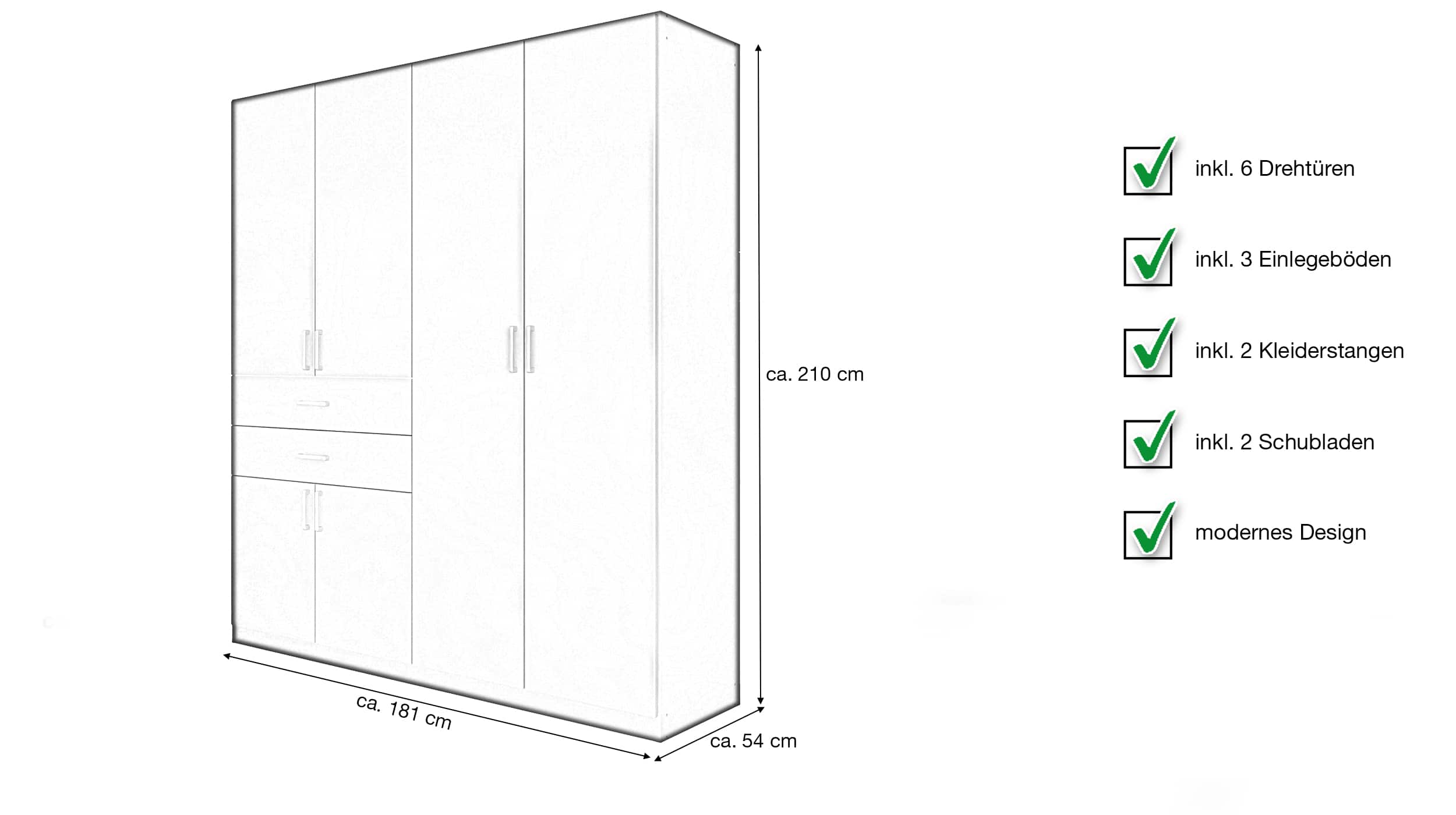 Kleiderschrank weiß 181 cm 6-türig - MAIKA 