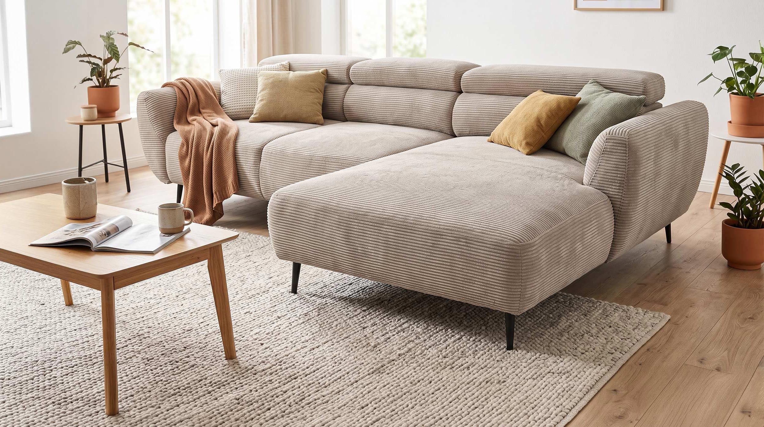 Ecksofa beige Cord elektrisch ausfahrbar 277 cm - OT rechts - AVELINO