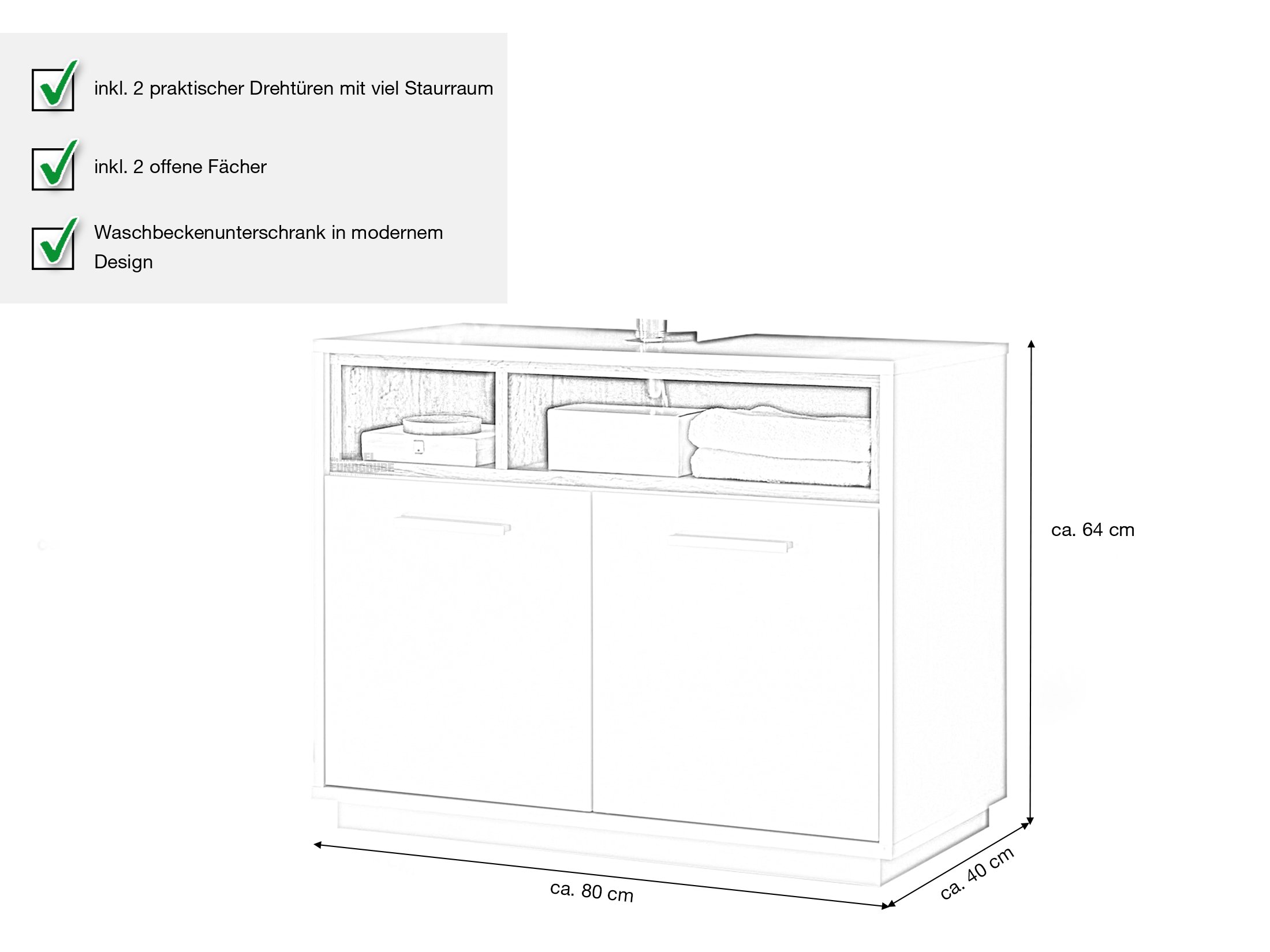 Waschbeckenunterschrank weiß - Wildeiche 80 cm - MILANO