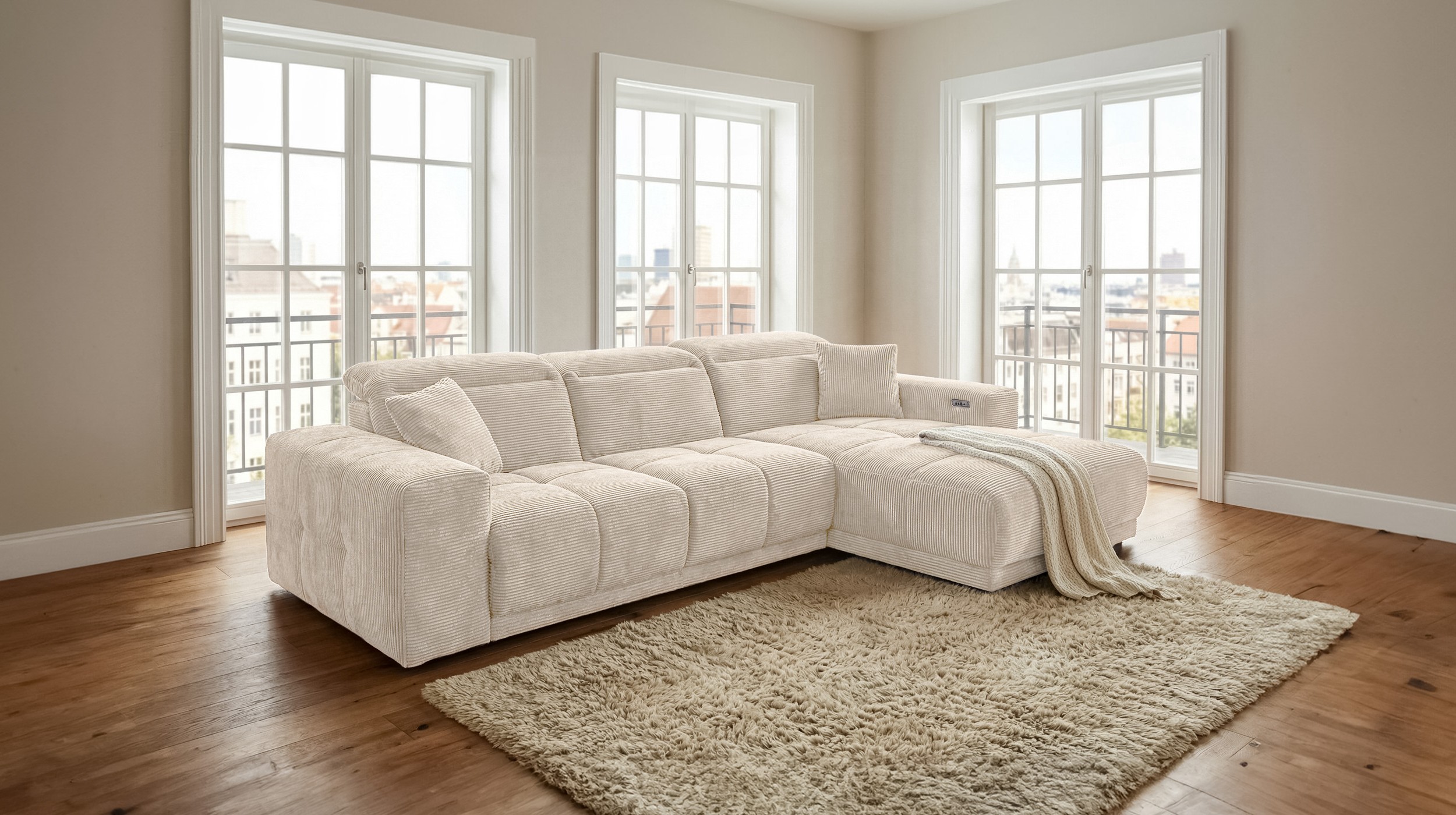 Ecksofa Cord beige 302 x 167 cm mit Relaxfunktion - OT rechts - TONI