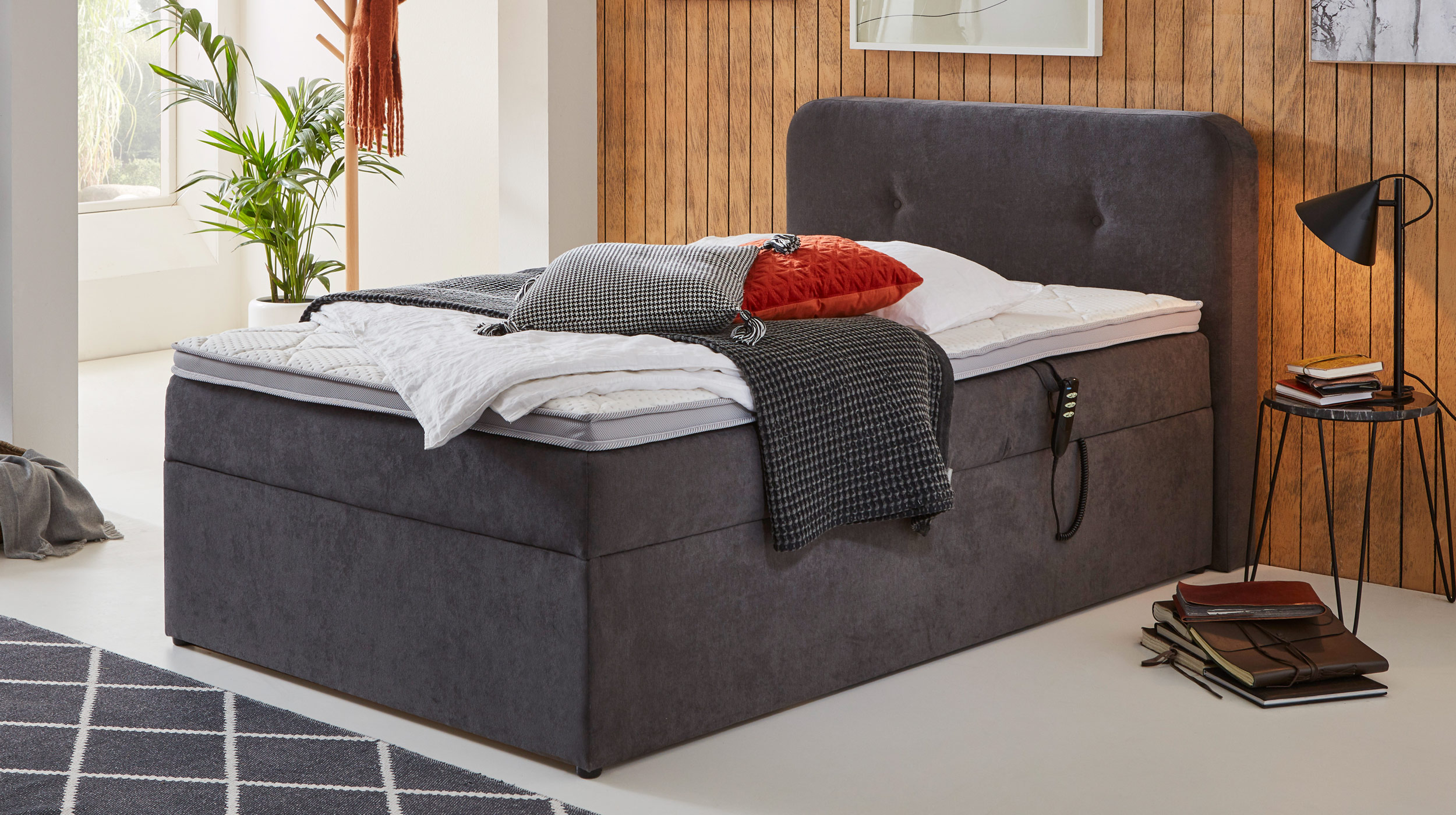 Boxbett 100 x 200 cm grau Bettkasten - elektrisch  - GABRIOLA