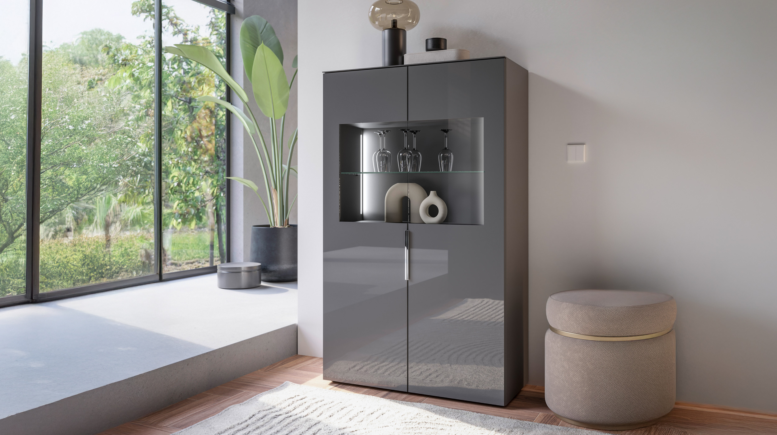 Vitrine mit Beleuchtung anthrazit - Glasfront - Breite 90 cm - SANTORIN