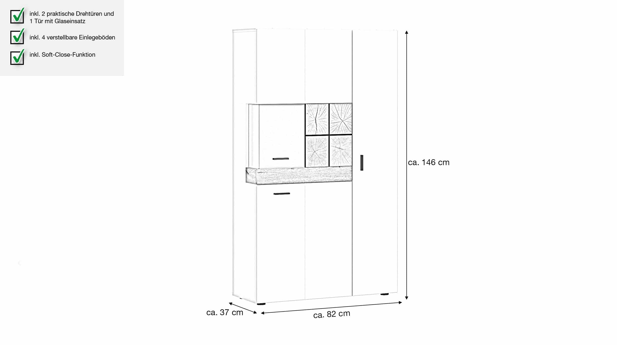 Highboard mit Glastür weiß Hochglanz - Eiche 82 cm - ORETA