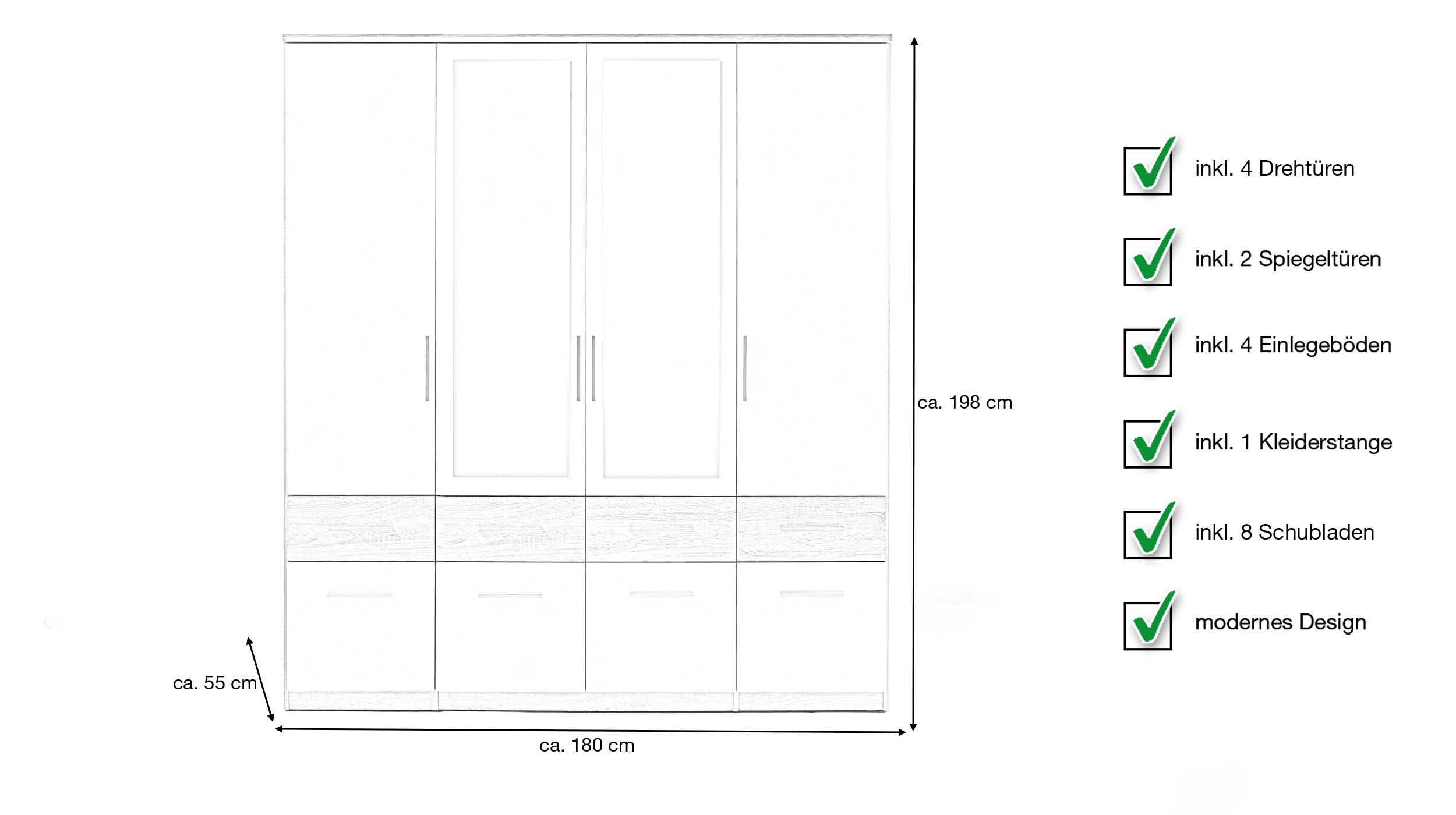 Kleiderschrank Spiegel Sonoma Eiche - weiß - 180 cm - BOX
