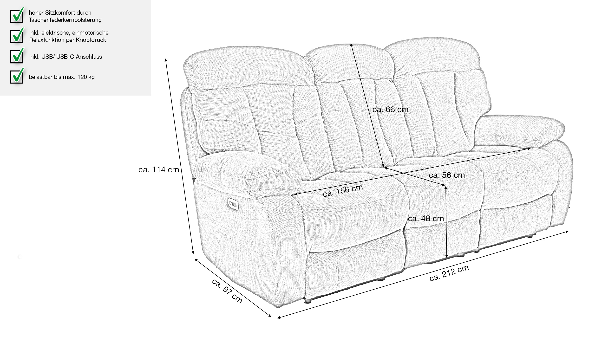 Einzelsofa 3-Sitzer anthrazit Microfaser - Relaxfunktion - NEVADA
