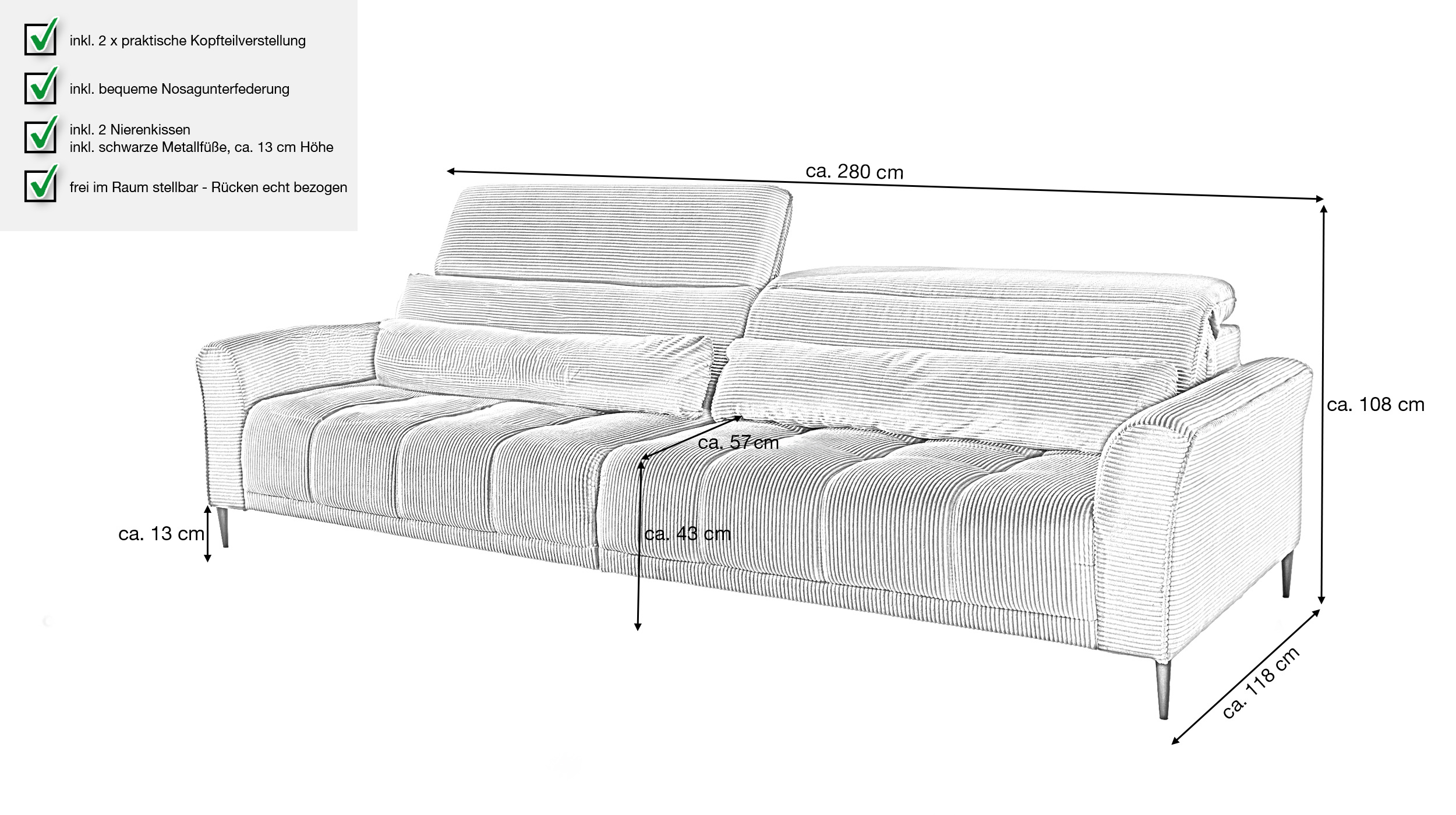 Big Sofa Cord grün 280 cm - mit Nosagunterfederung - LOGAN