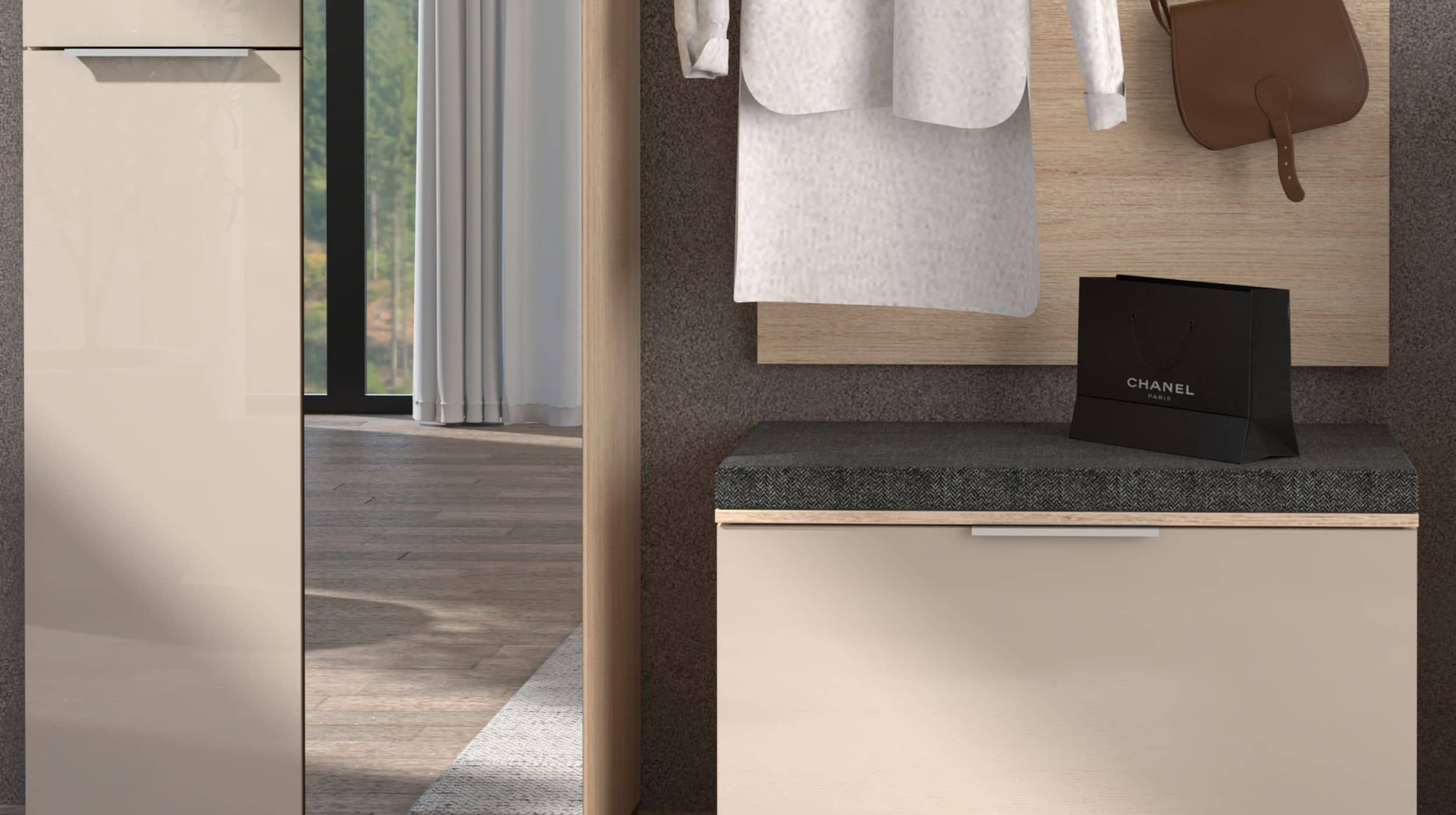 Garderoben-Set beige Glasfront Eiche 255 x 196 cm - SANTORIN