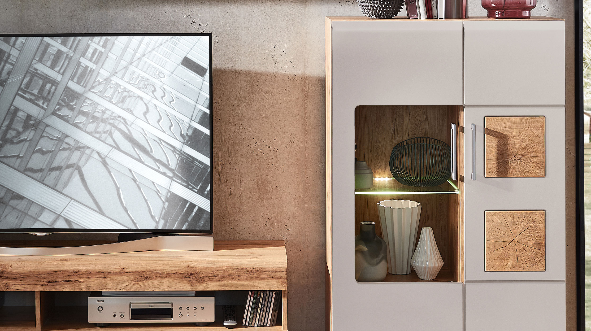 Wohnwand beige Eiche 340 cm - LED-Beleuchtung - SINFONIE  Wohnwand beige Eiche 340 cm - LED-Beleuchtung - SINFONIE