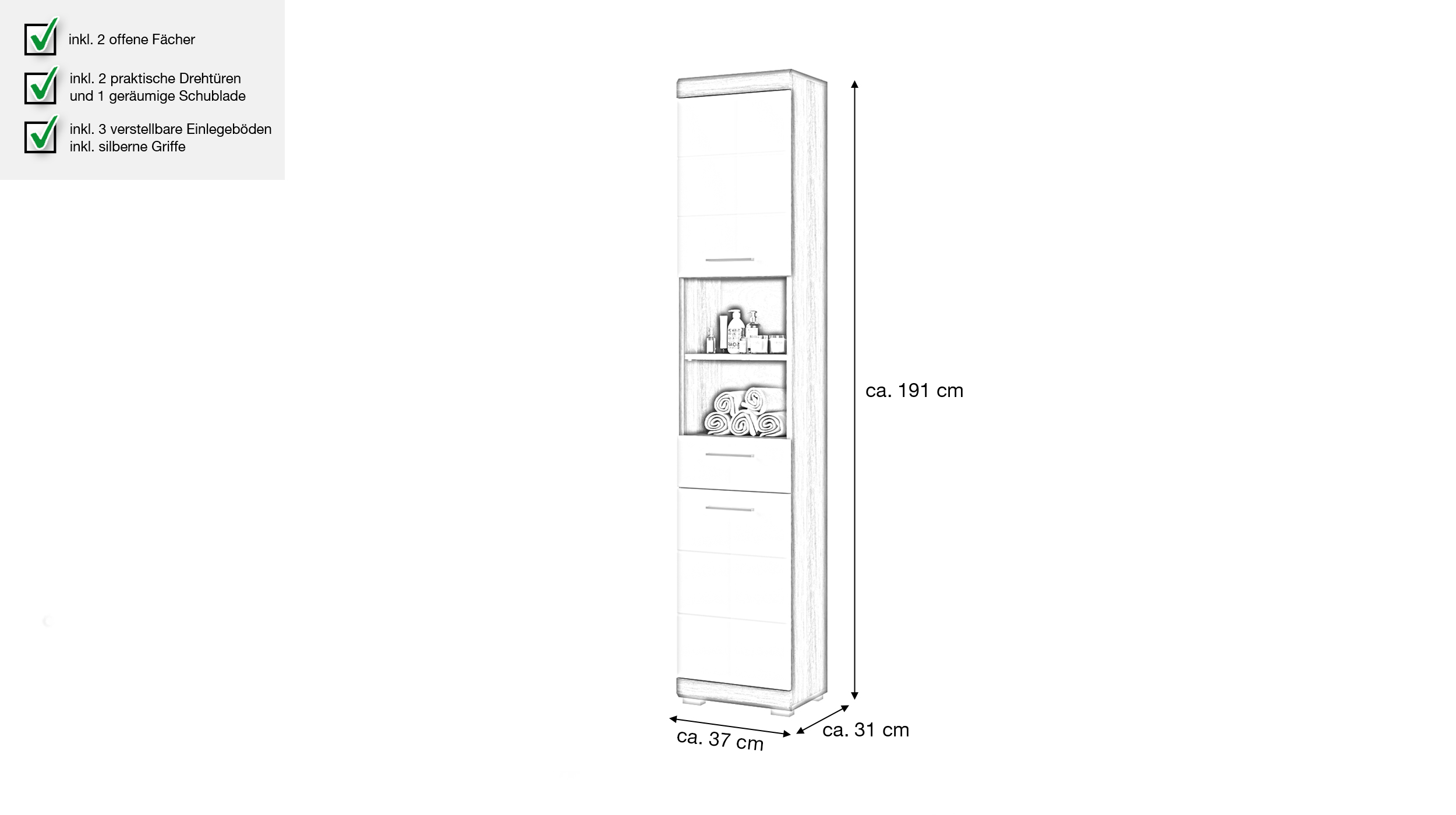 Bad Hochschrank weiß hochglanz - grau 2 Türen Breite 37 cm - SCOUT