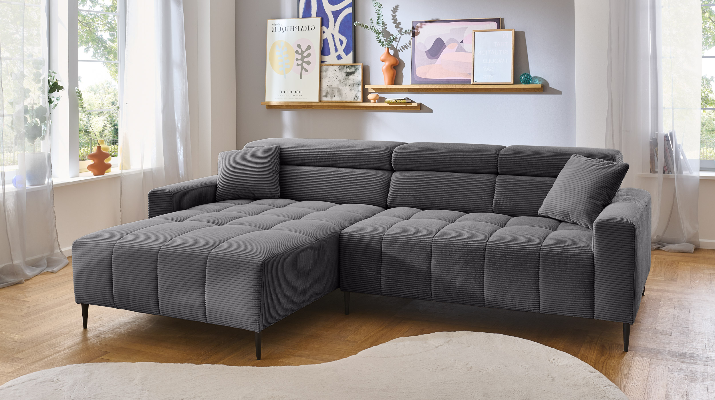Ecksofa Cord grau - 256 x 180 cm - Sitztiefenverstellung - SIMPLE