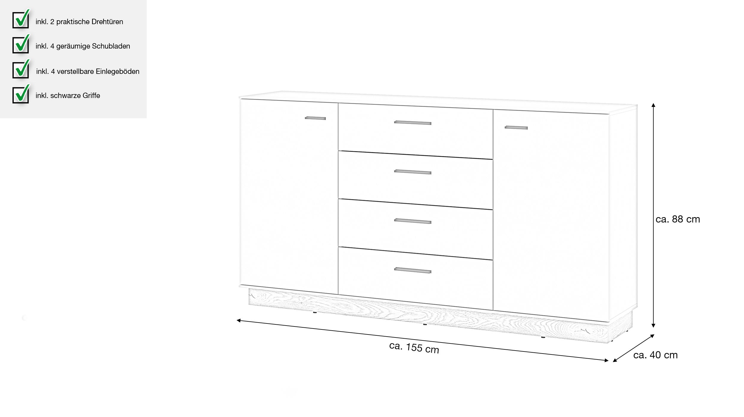 Sideboard mit 4 Schubladen beige - Eiche 155 cm - MEOLO