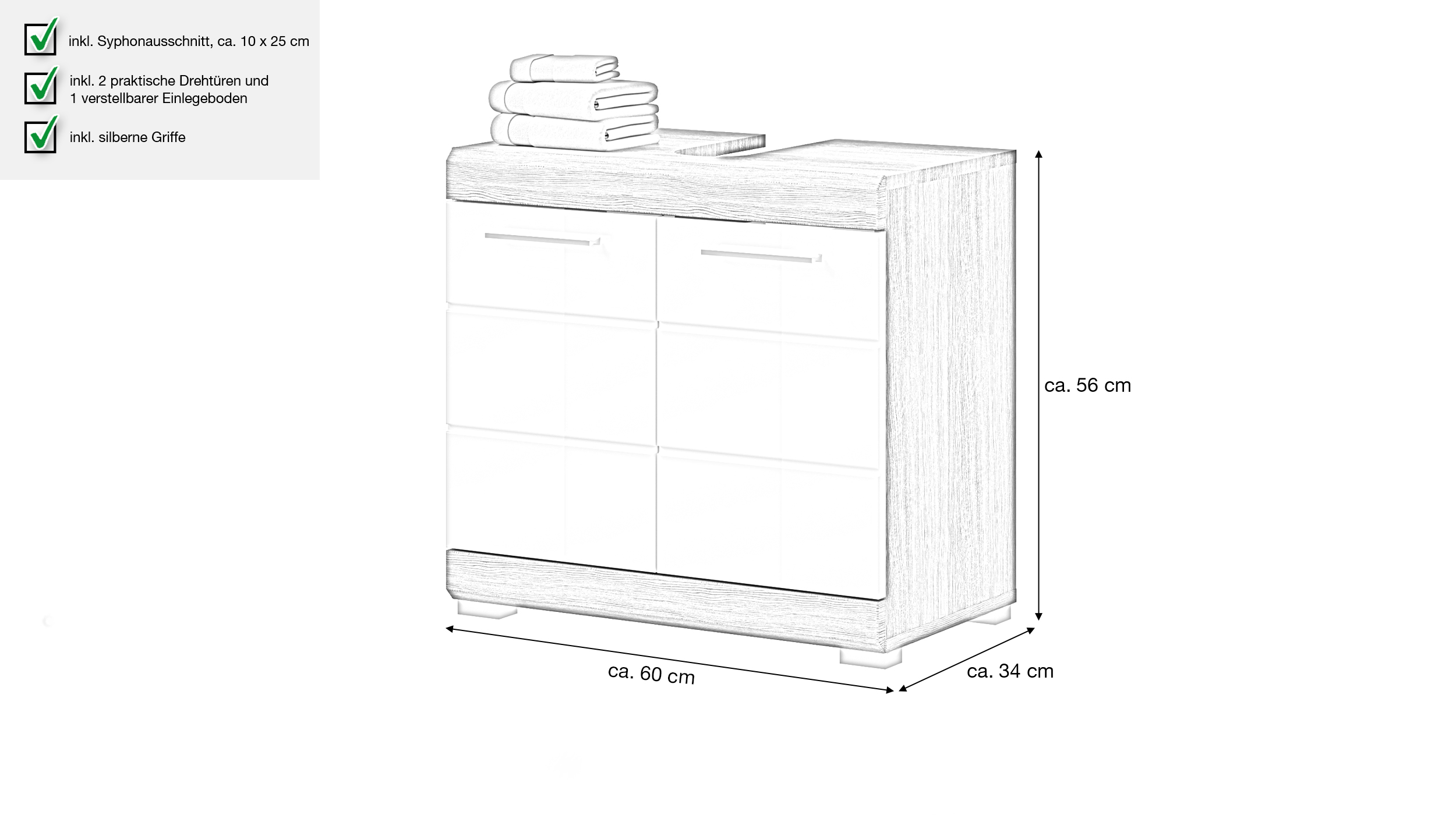 Waschbeckenunterschrank weiß hochglanz - grau - 60 cm - SCOUT