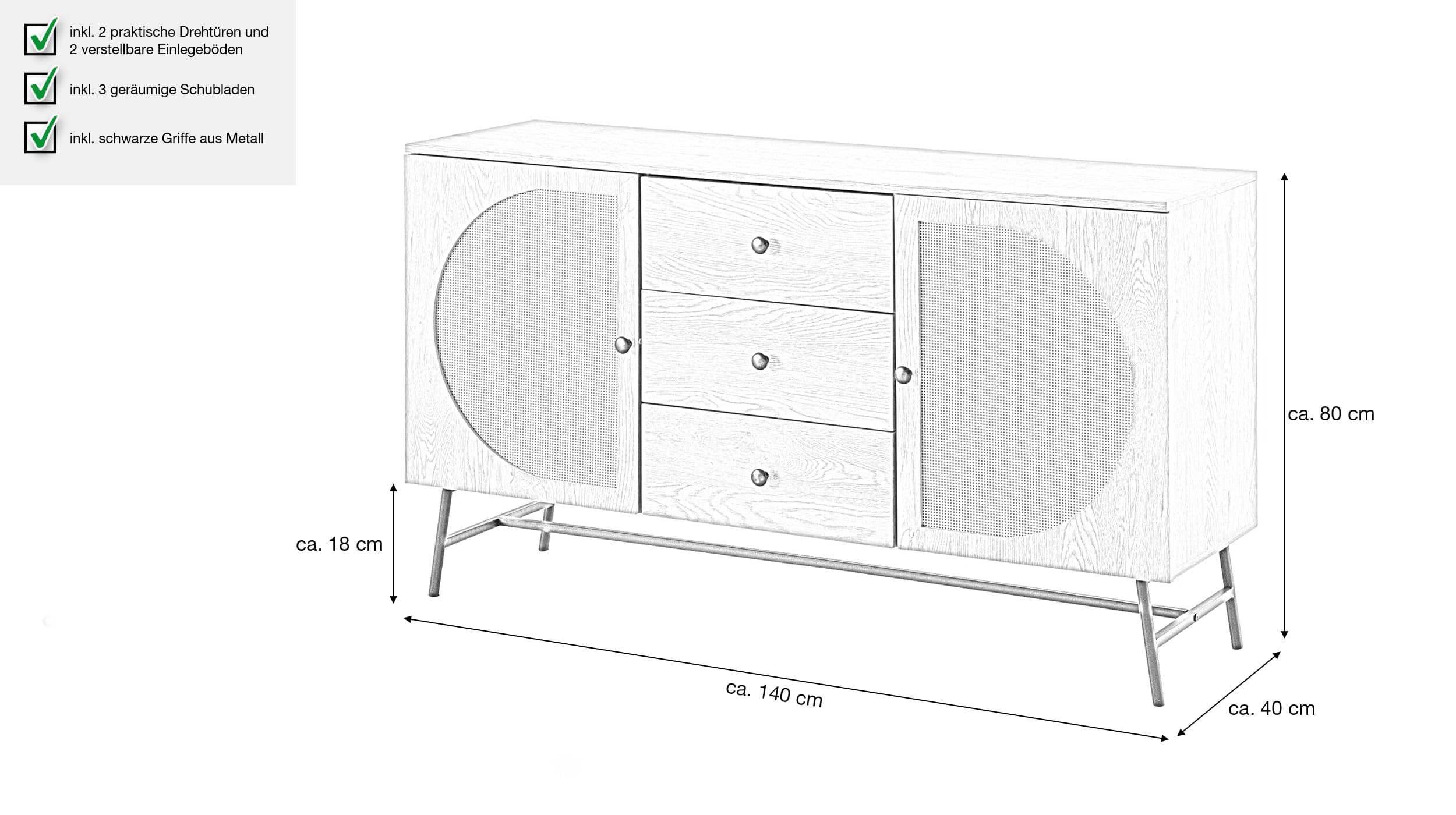 Sideboard mit 3 Schubladen Eiche - Rattan 140 cm - RATVAN