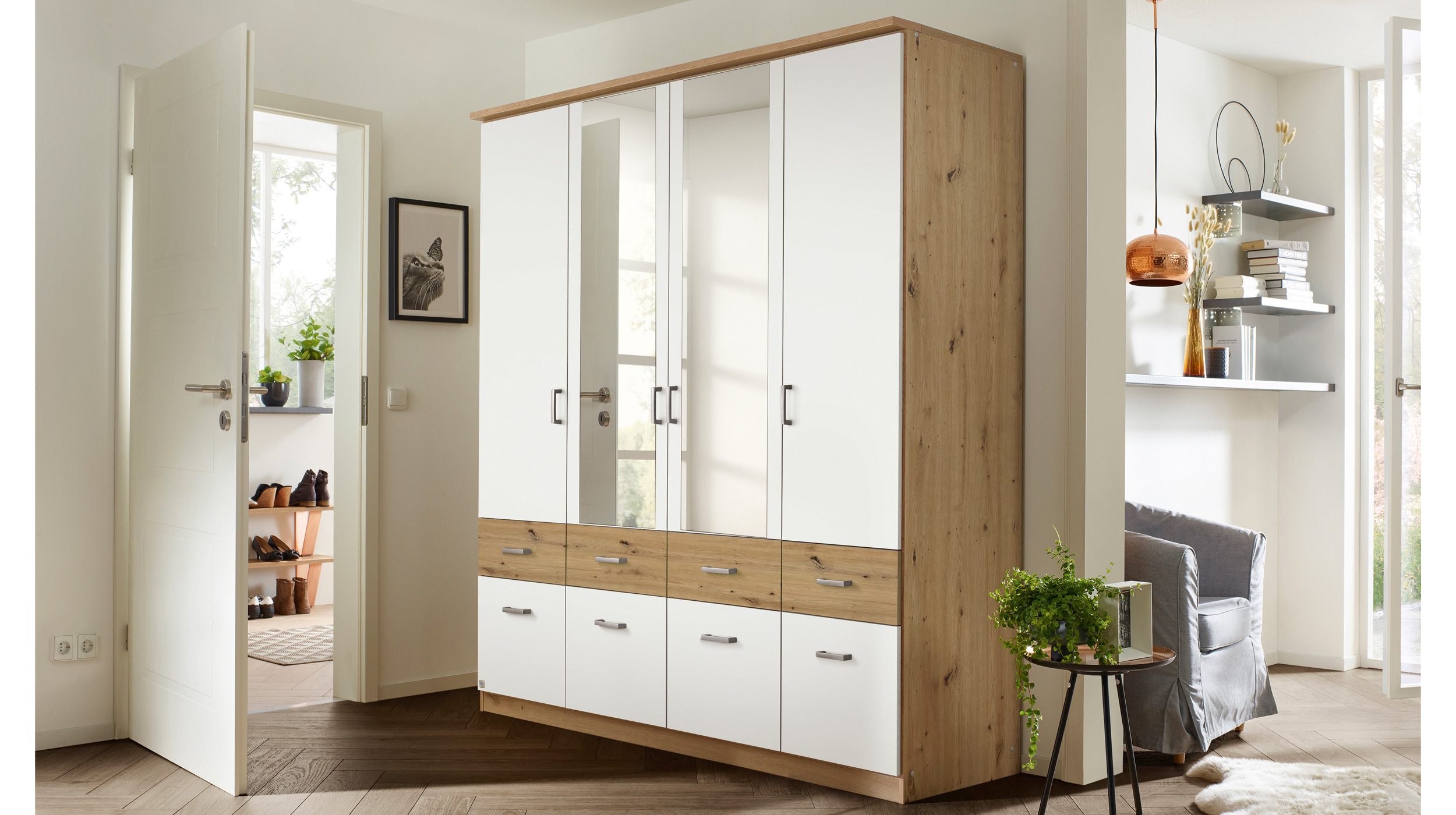 Kleiderschrank Spiegel - 181 cm - Artisan Eiche - weiß - rauch - BREMEN-EXTRA
