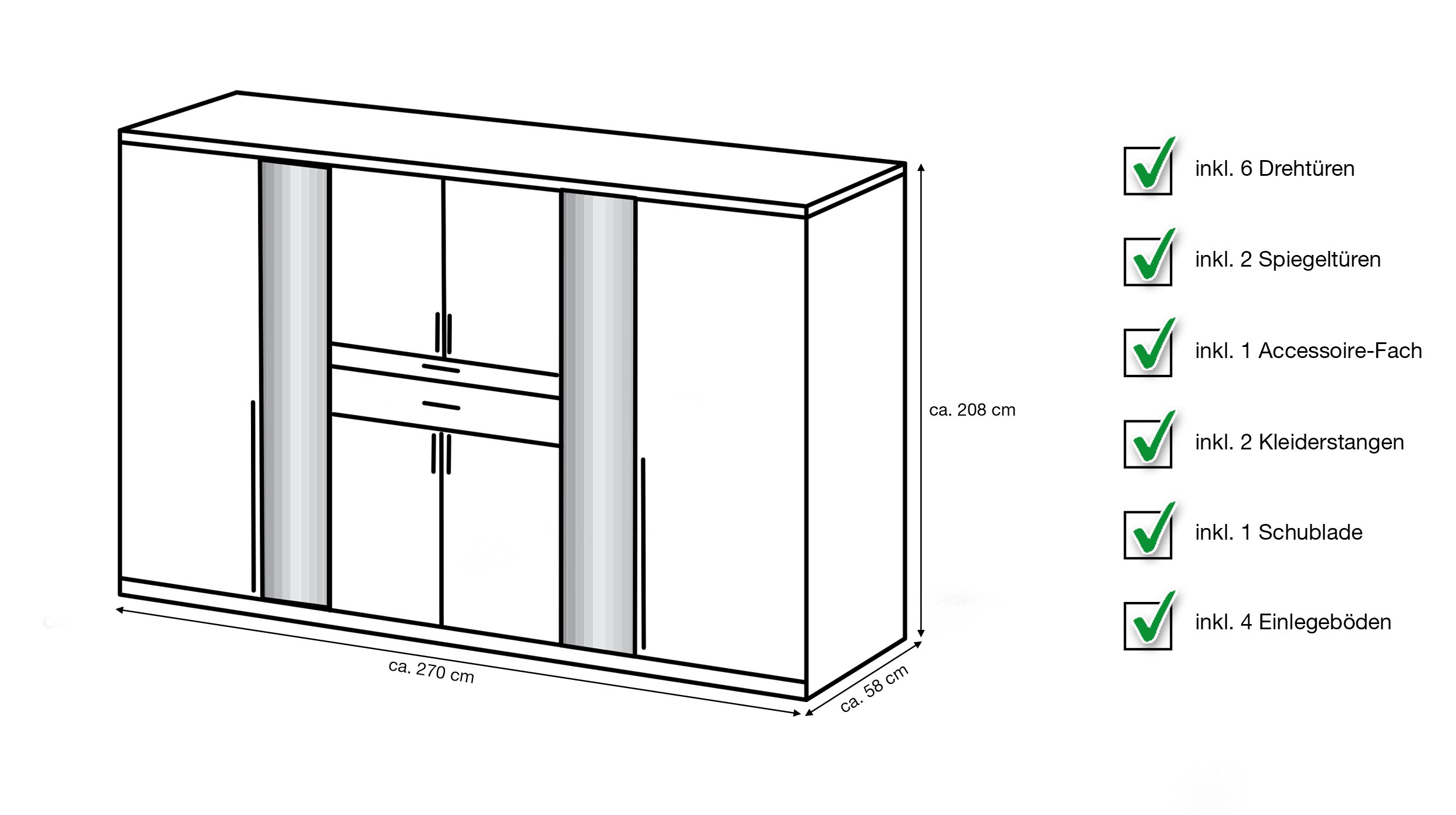 Kleiderschrank mit Spiegel 270 cm - Hickory Oak - grau - XANTEN