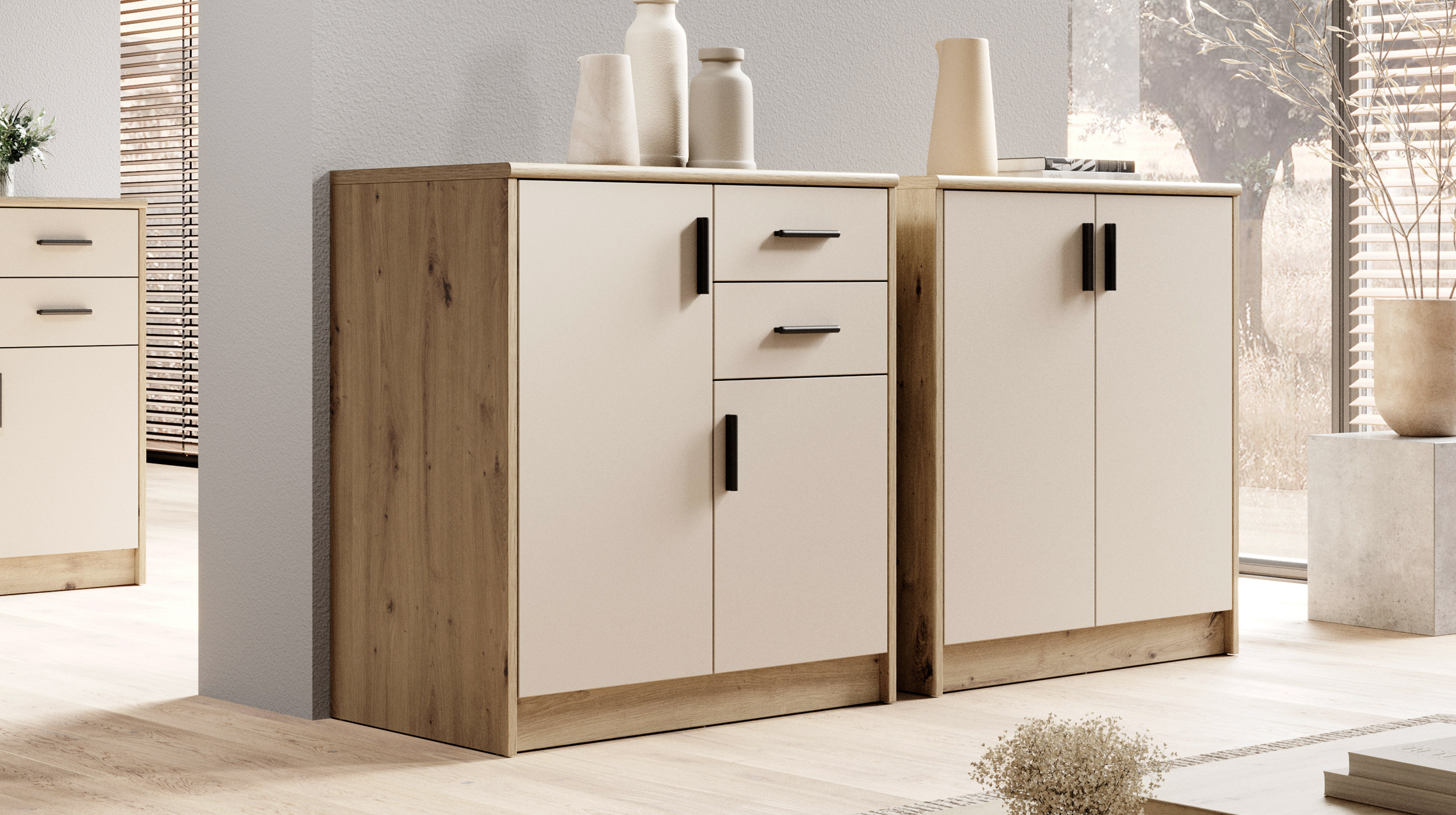 Kommode mit 2 Schubladen beige - Artisan Eiche 74 x 50 cm - NELLY