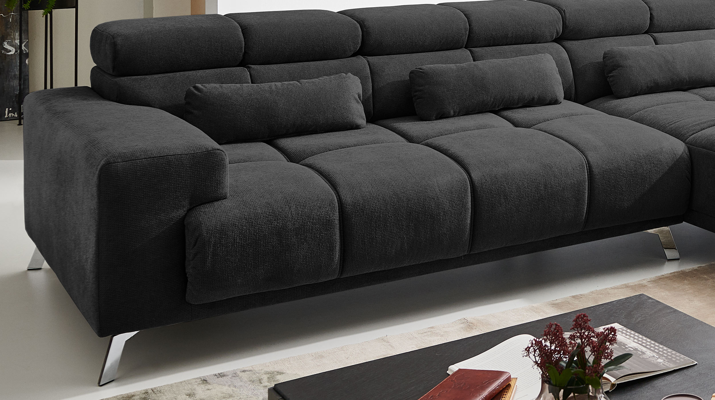 Ecksofa schwarz ausziehbar - Sitztiefenverstellung 285 cm - OT rechts - SPEED