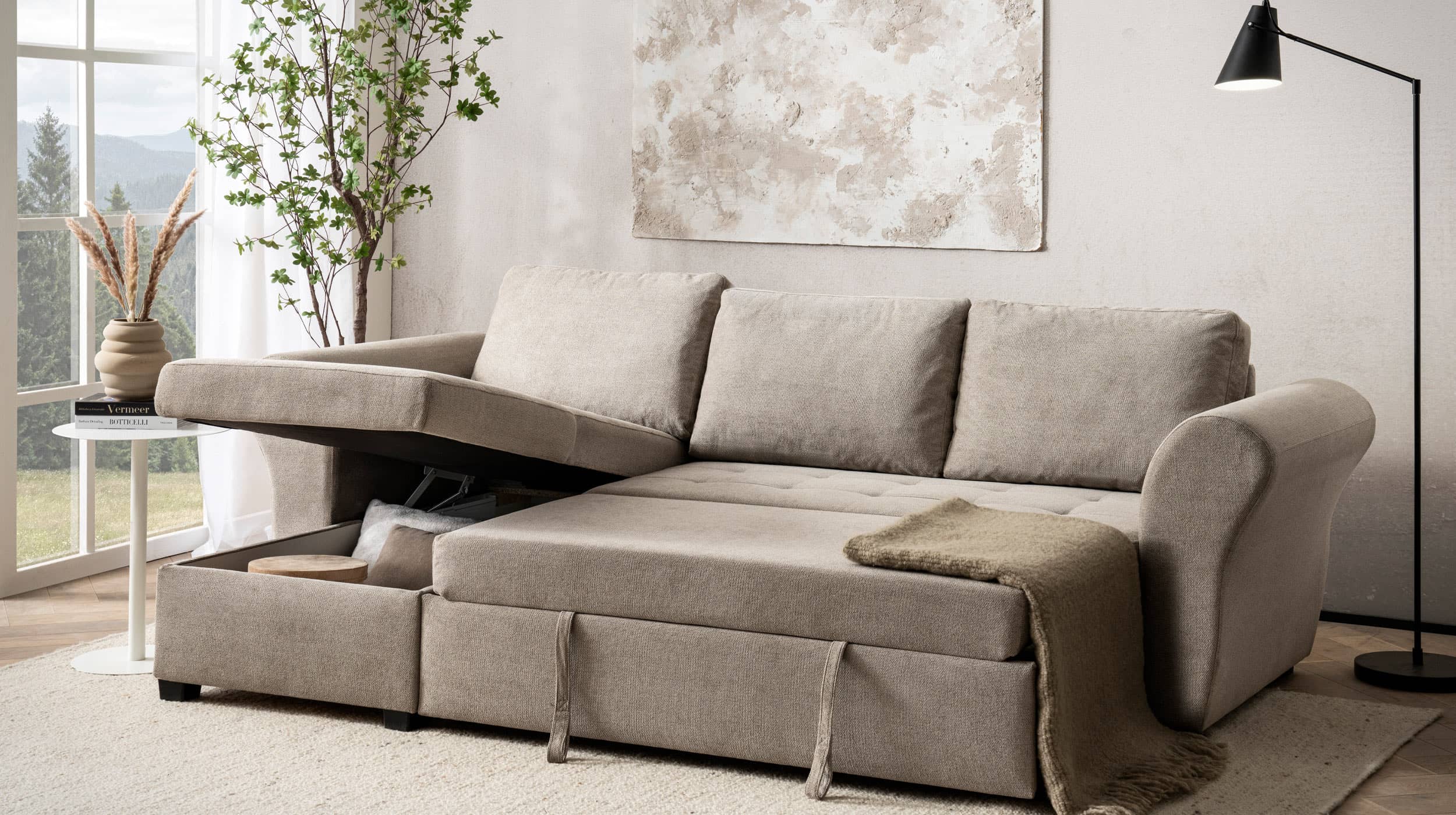 Ecksofa mit Schlaffunktion beige Bettkasten 260 cm - LASSE