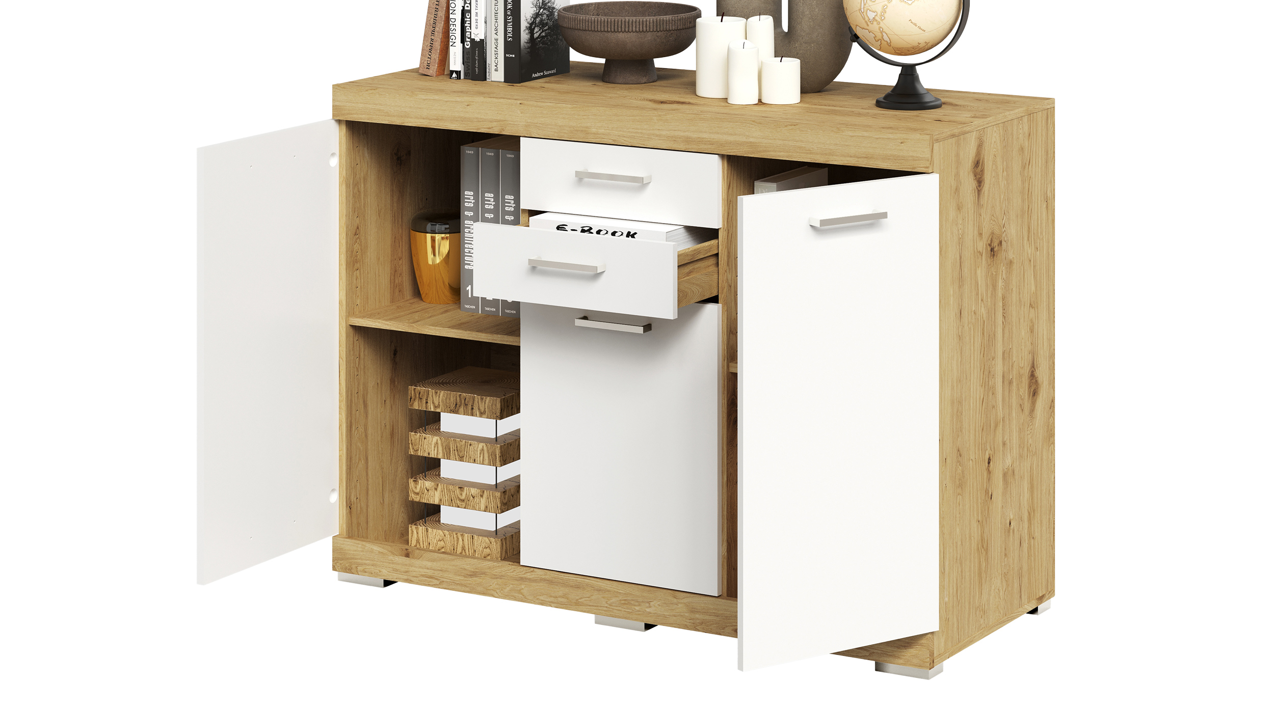 Kommode weiß Artisan Eiche 120 x 50 cm - 2 Schubladen - BRISTOL